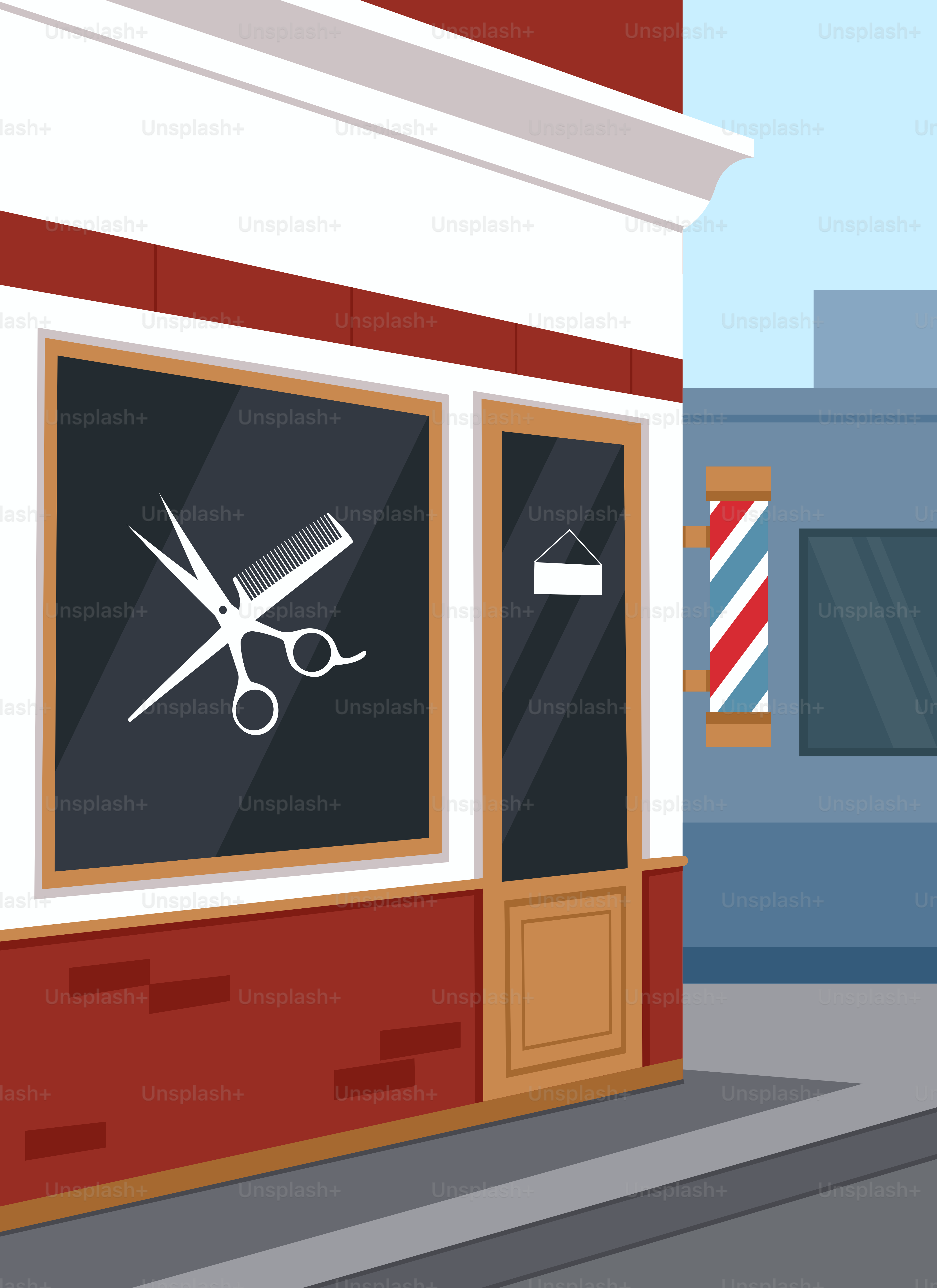 Eine Karikatur eines Friseursalons mit einer Schere im Schaufenster