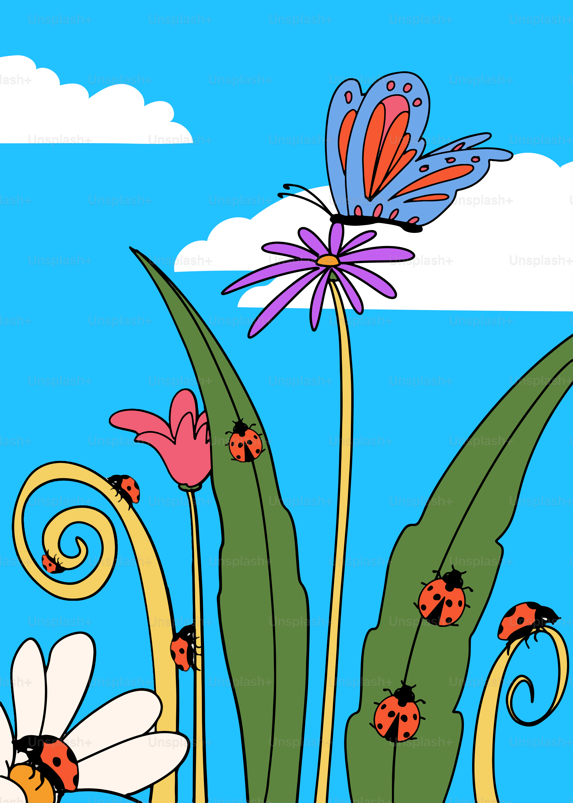 Uma imagem de uma flor e uma borboleta no céu