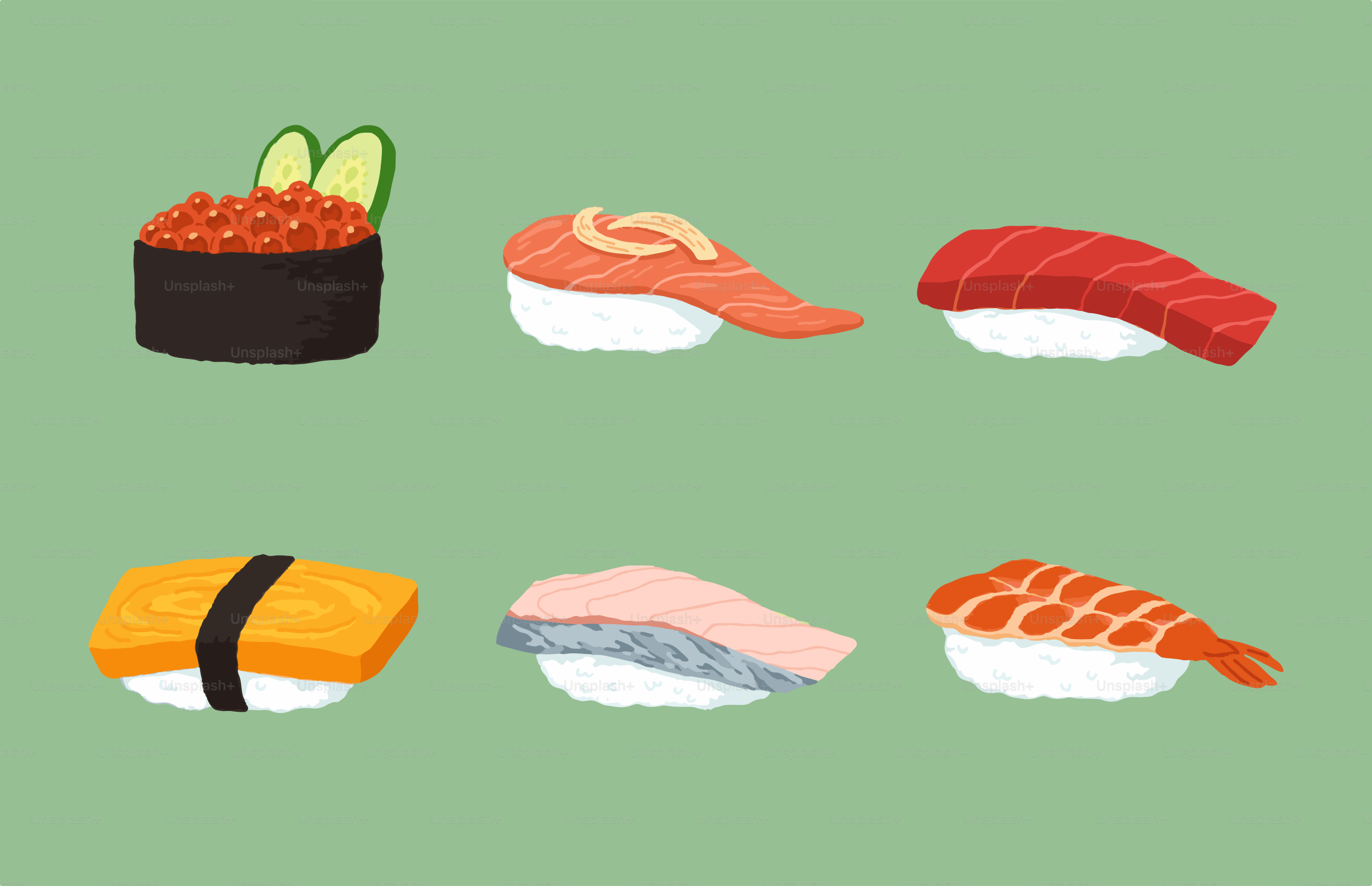 A picture of sushi on a green background