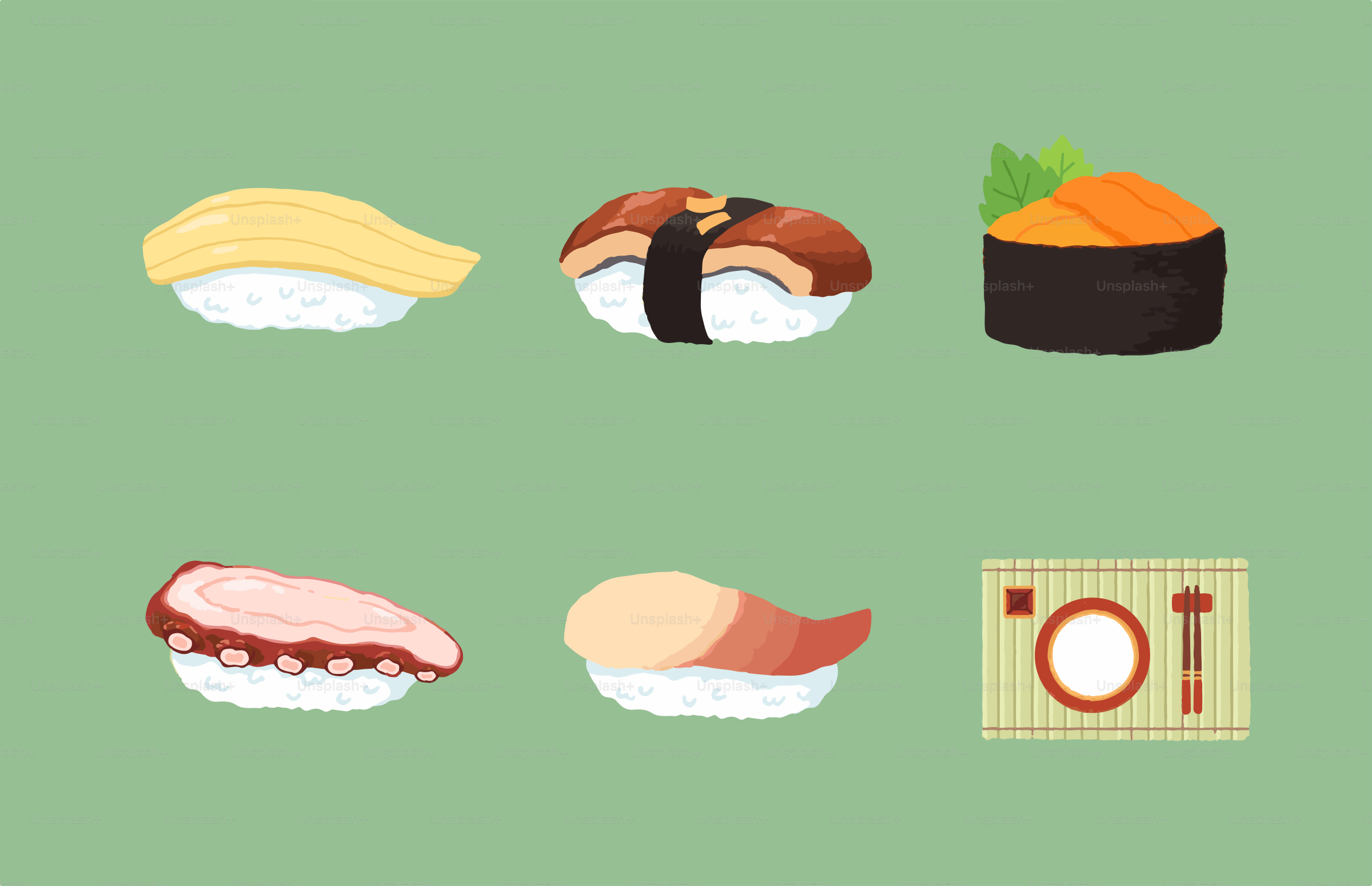 A picture of sushi on a green background