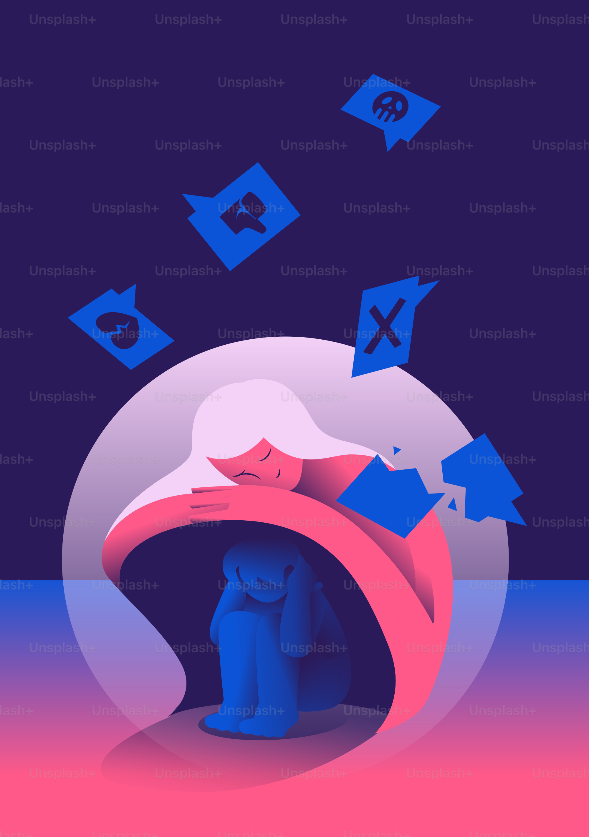 A blue and pink poster with a woman sitting in a circle