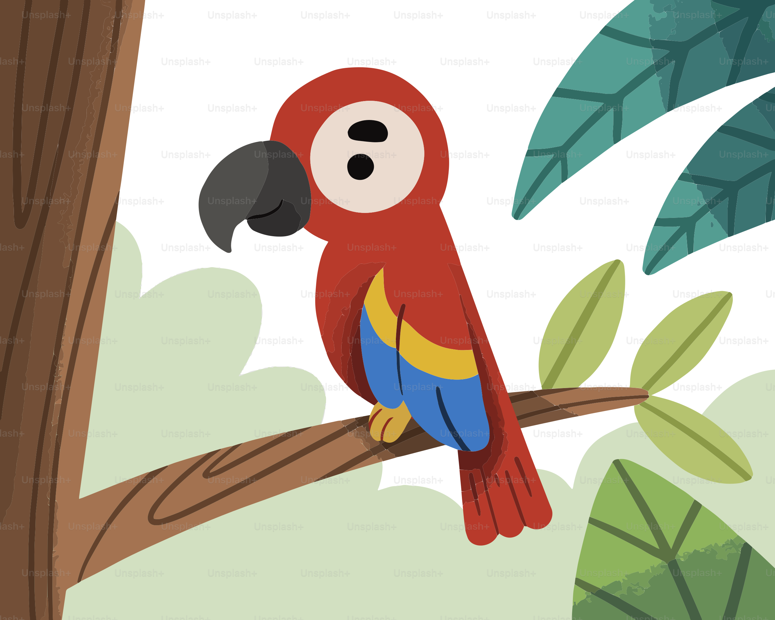 A red parrot sitting on a branch of a tree