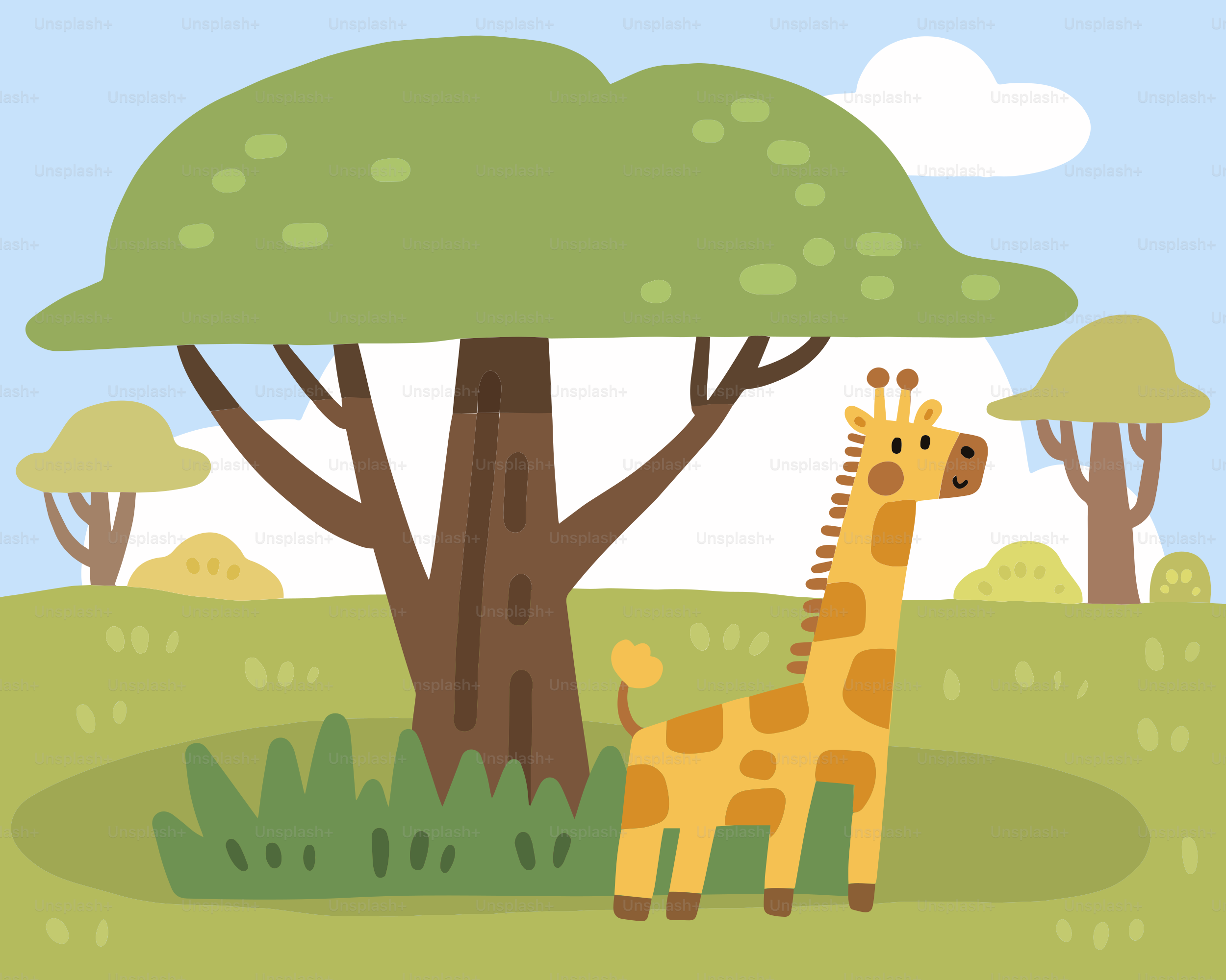 Une girafe debout à côté d’un arbre dans un champ