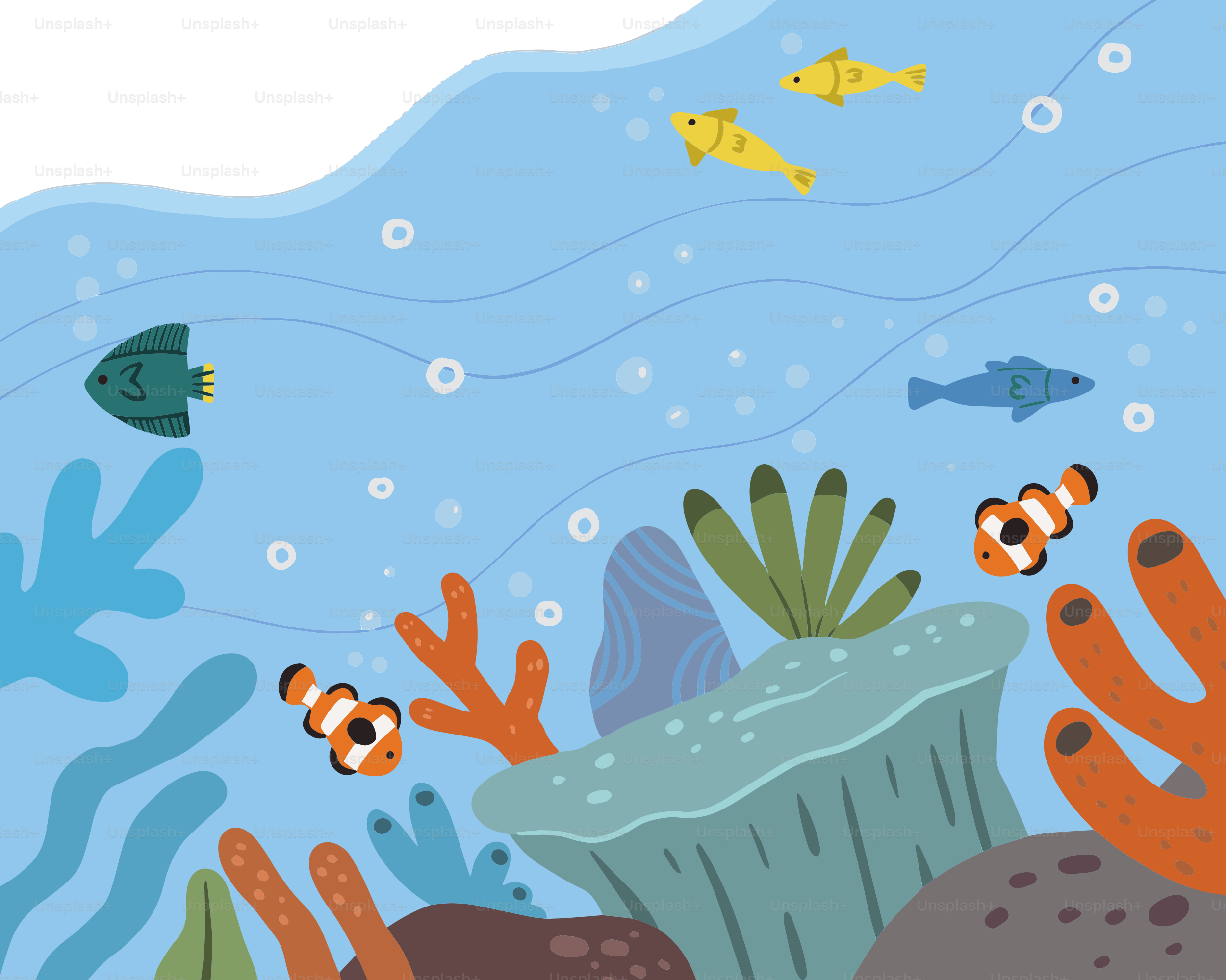 An underwater scene with fish and corals