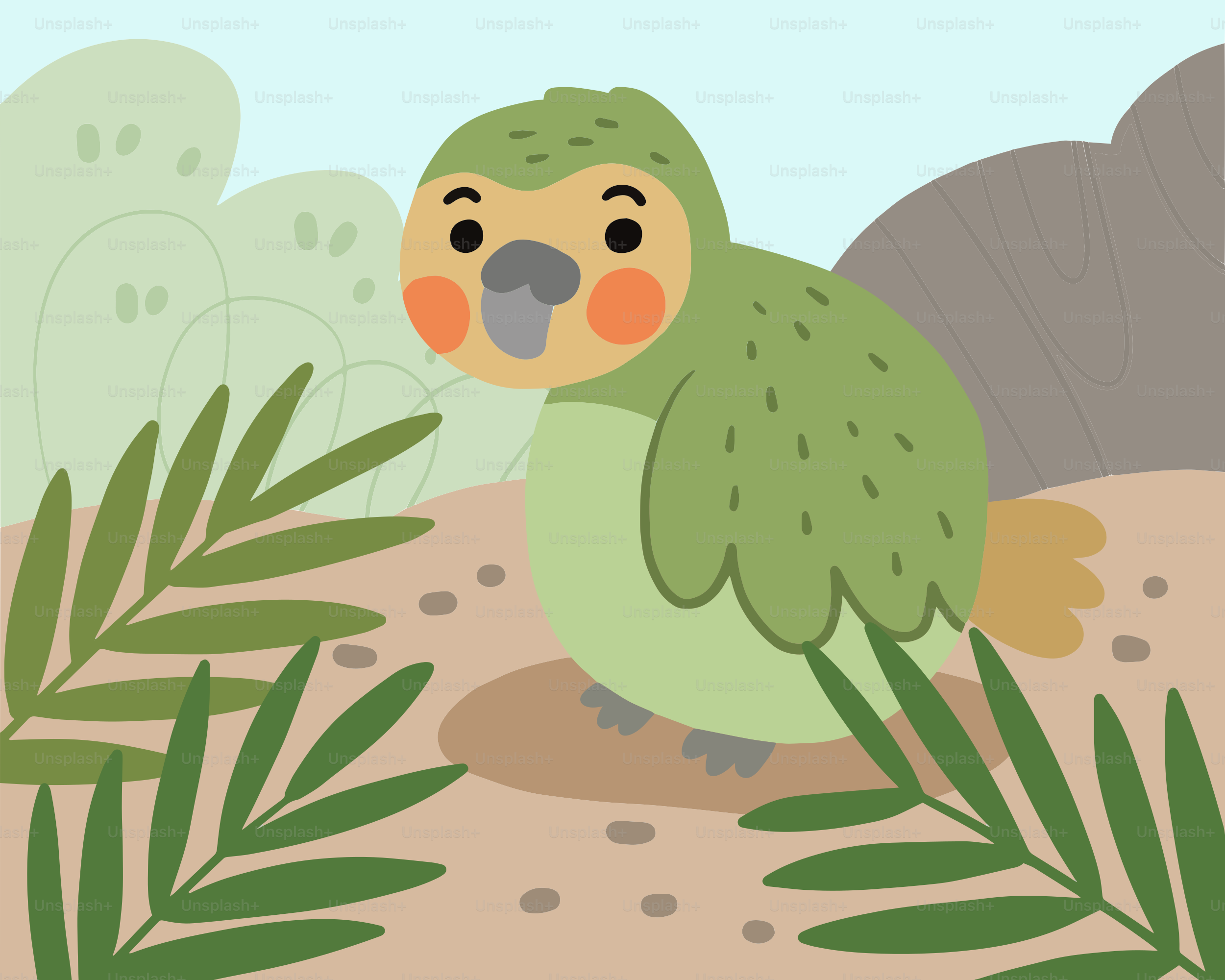A green bird sitting on top of a leaf covered ground