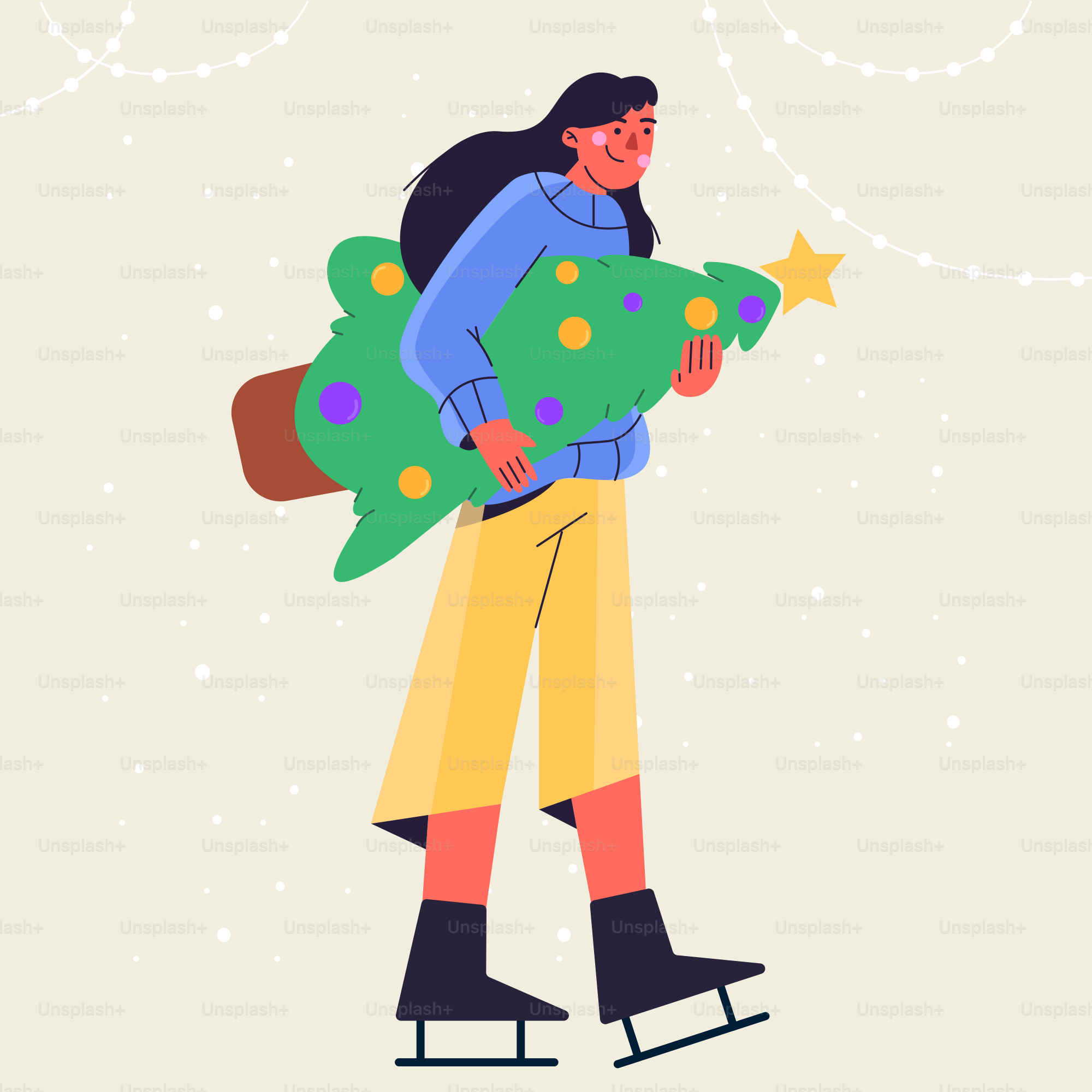 A woman with a christmas tree on her back