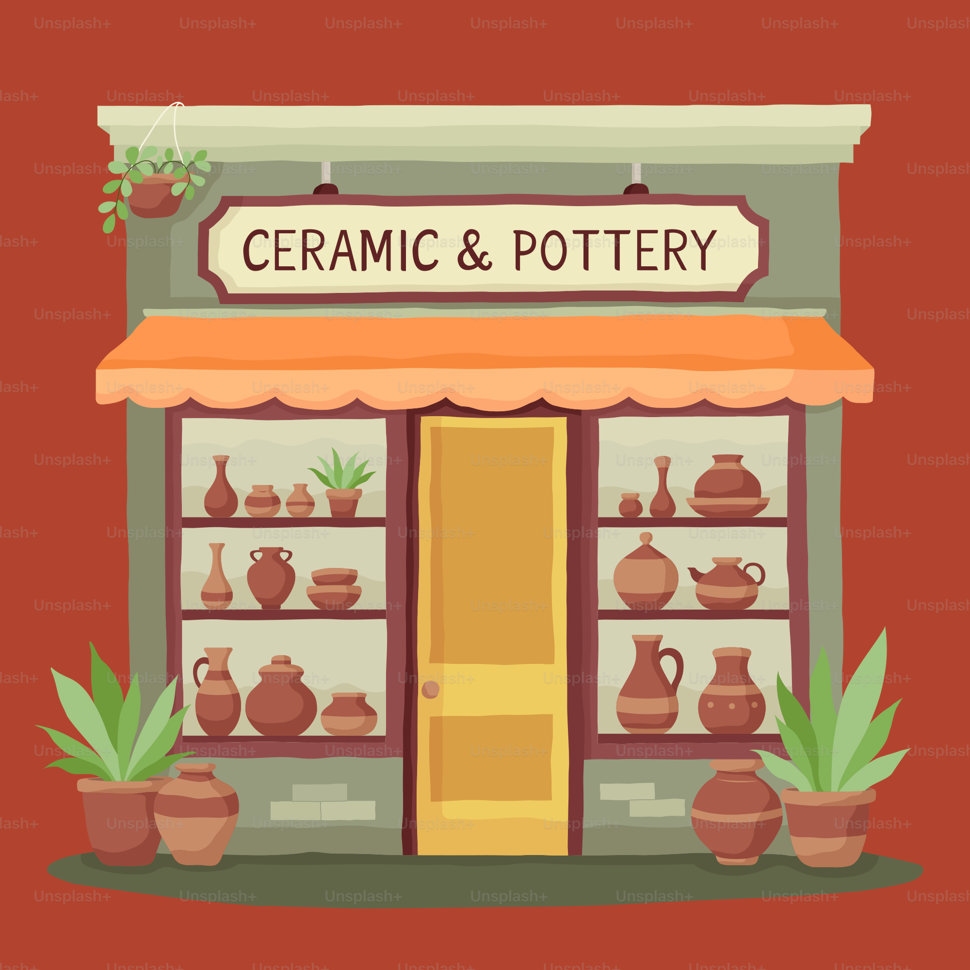 A store front with potted plants in front of it