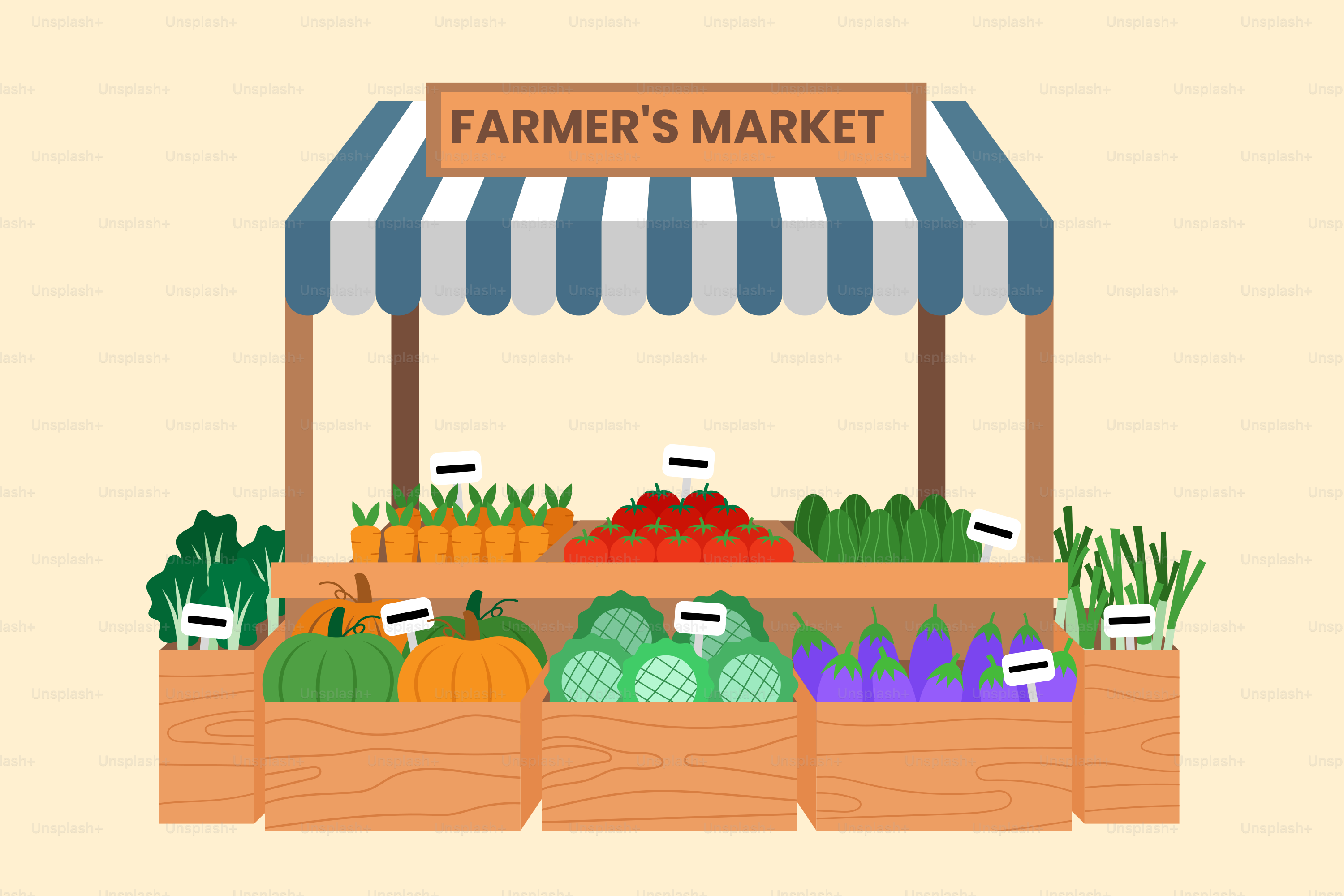 A farmer's market stand with vegetables and fruits
