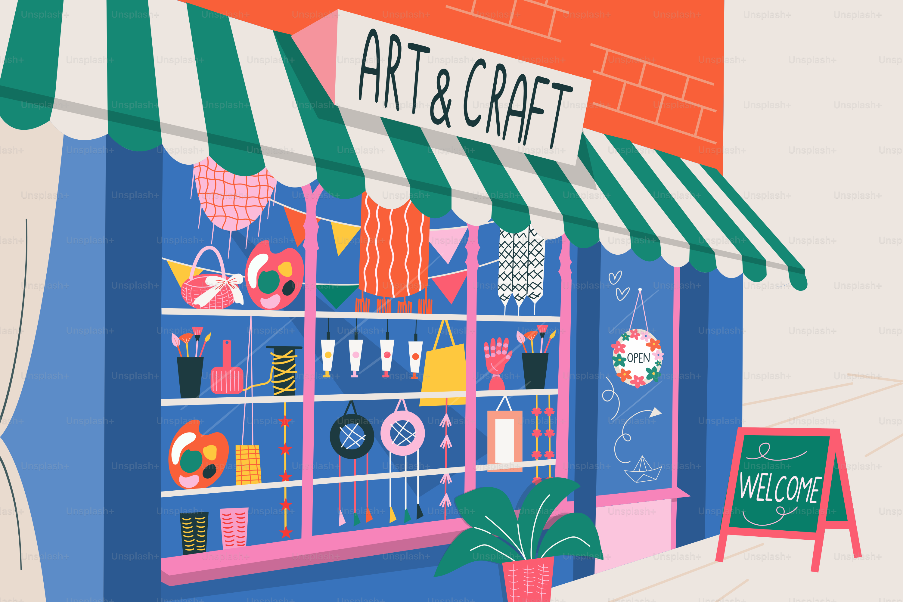 An illustration of a store front with a green awning