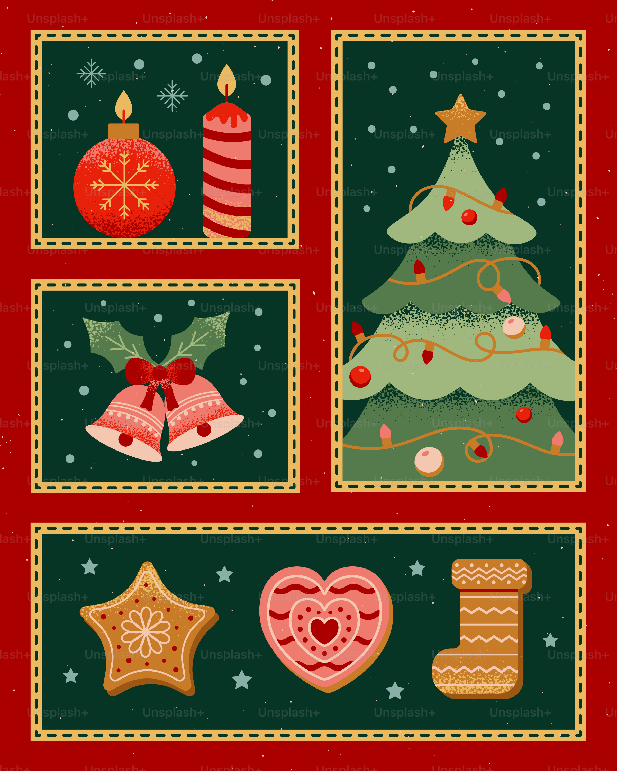 A christmas card with a christmas tree and decorations