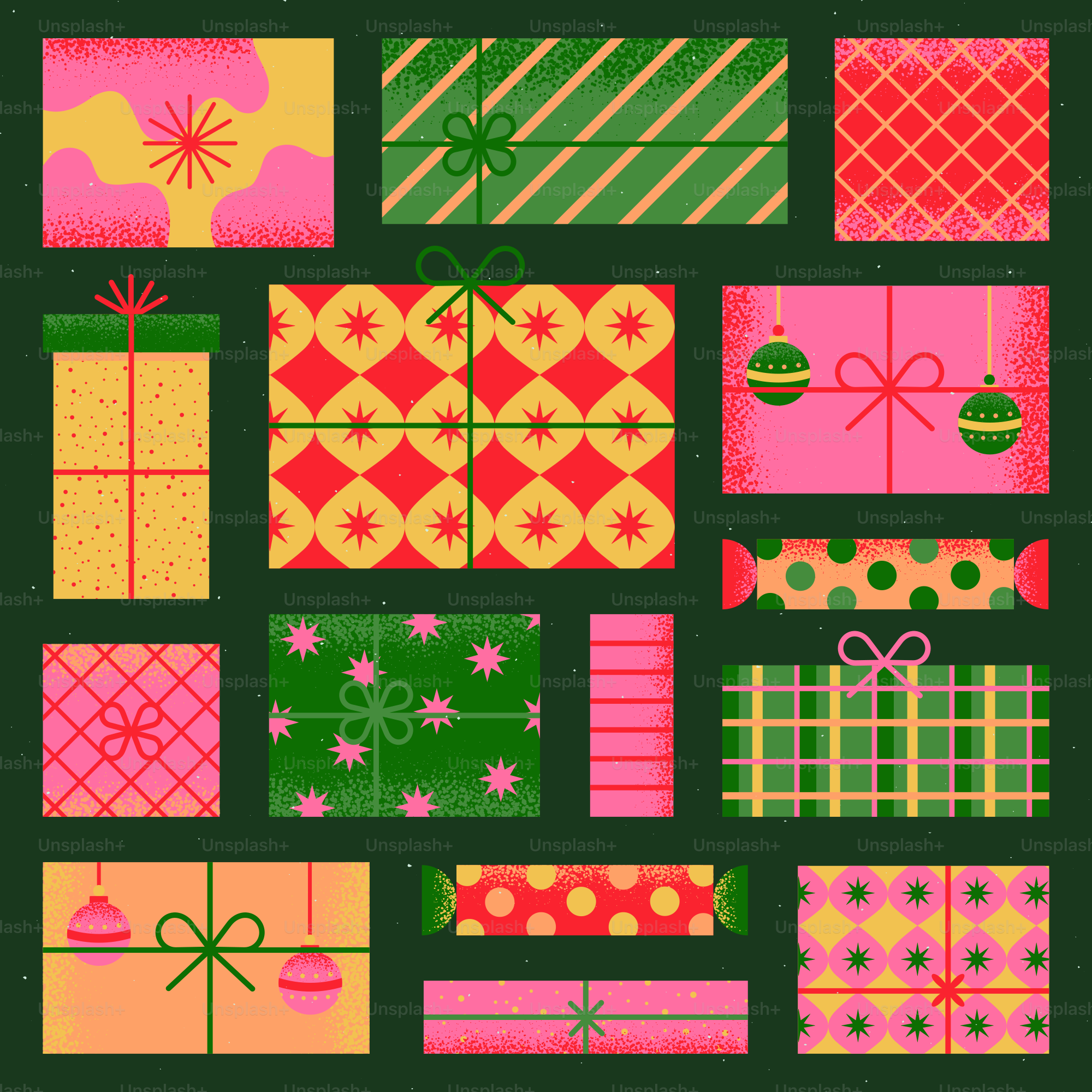 A bunch of different types of presents on a black background