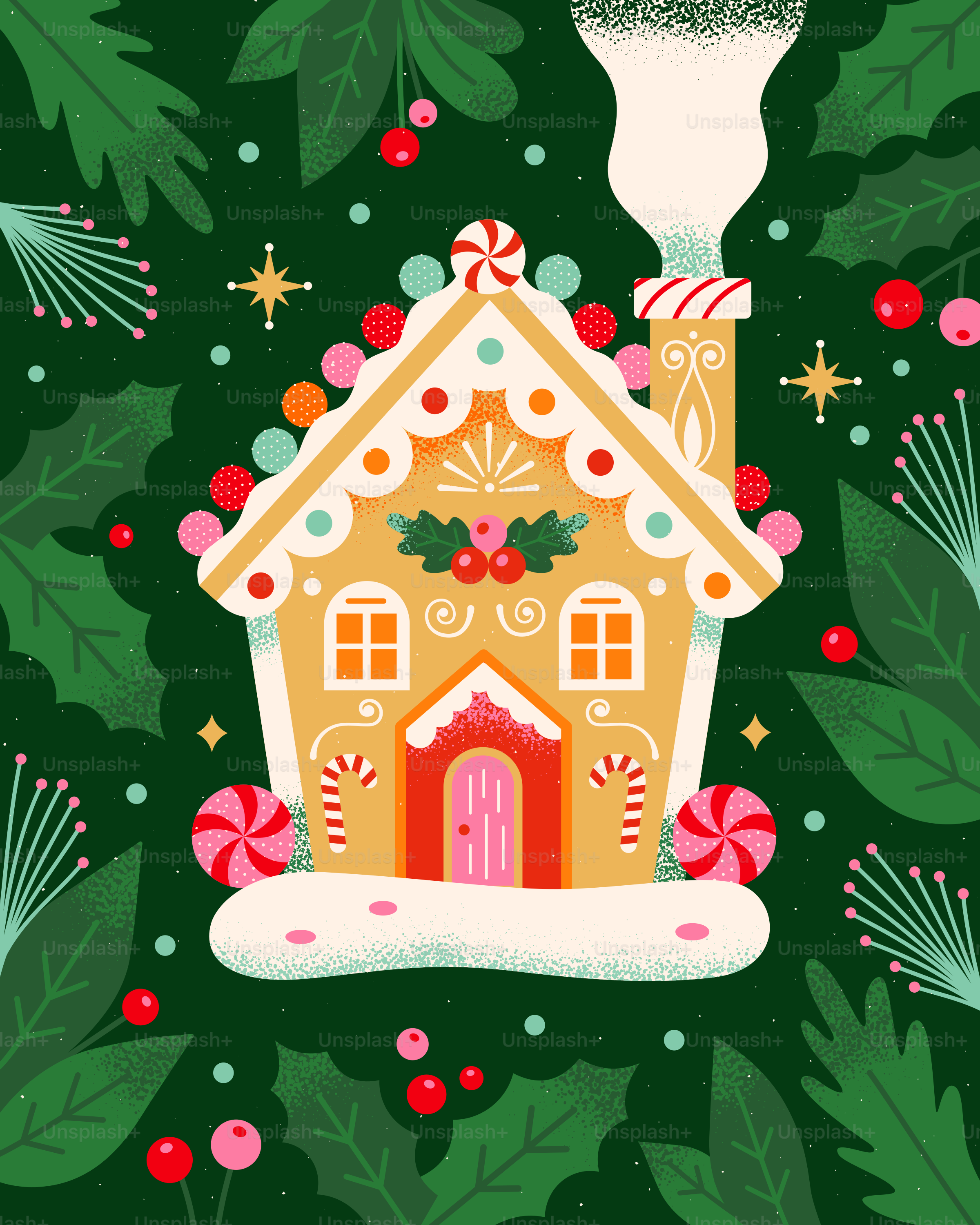 A gingerbread house surrounded by holly leaves