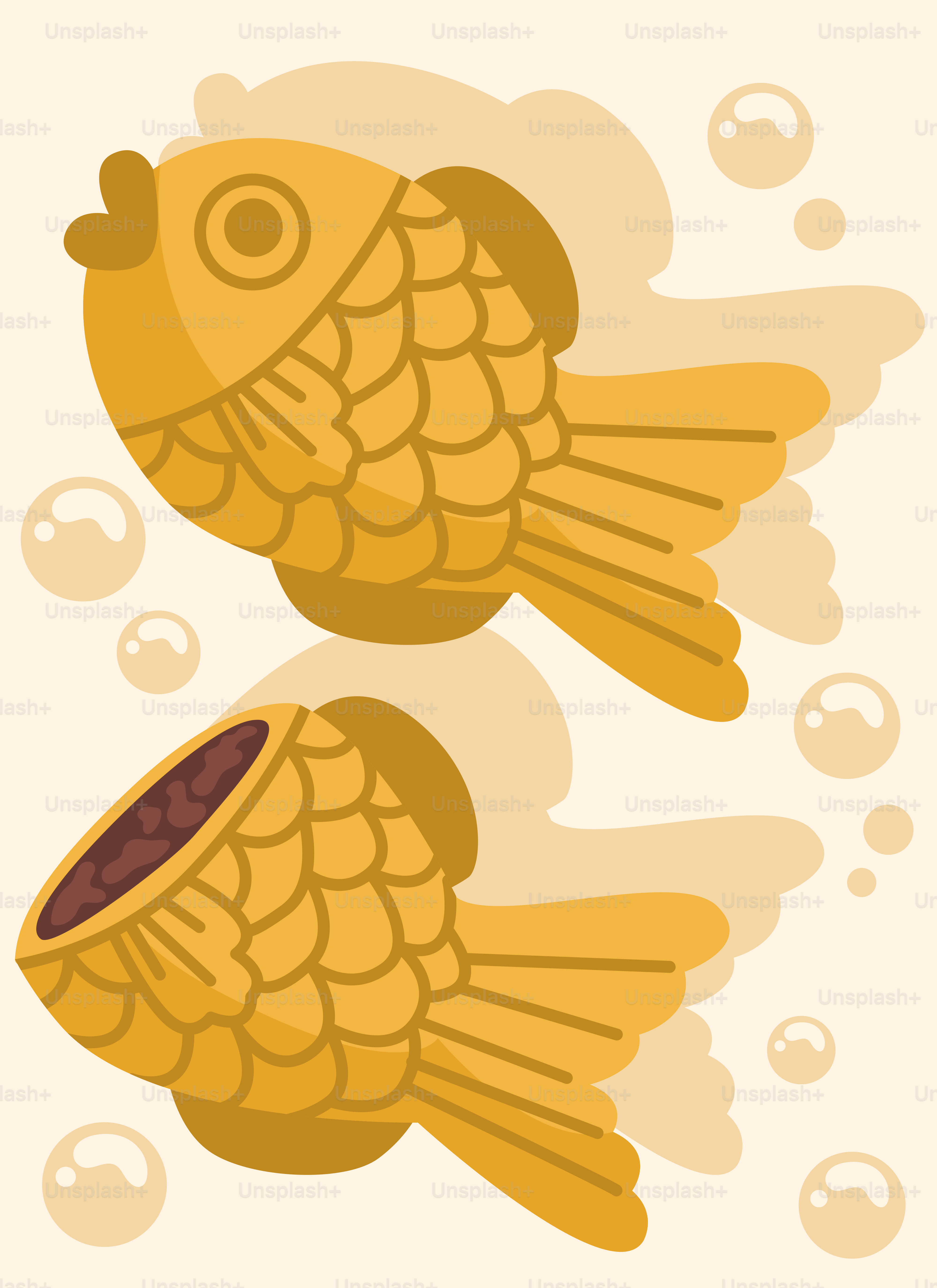 Dos peces dorados con burbujas sobre fondo blanco