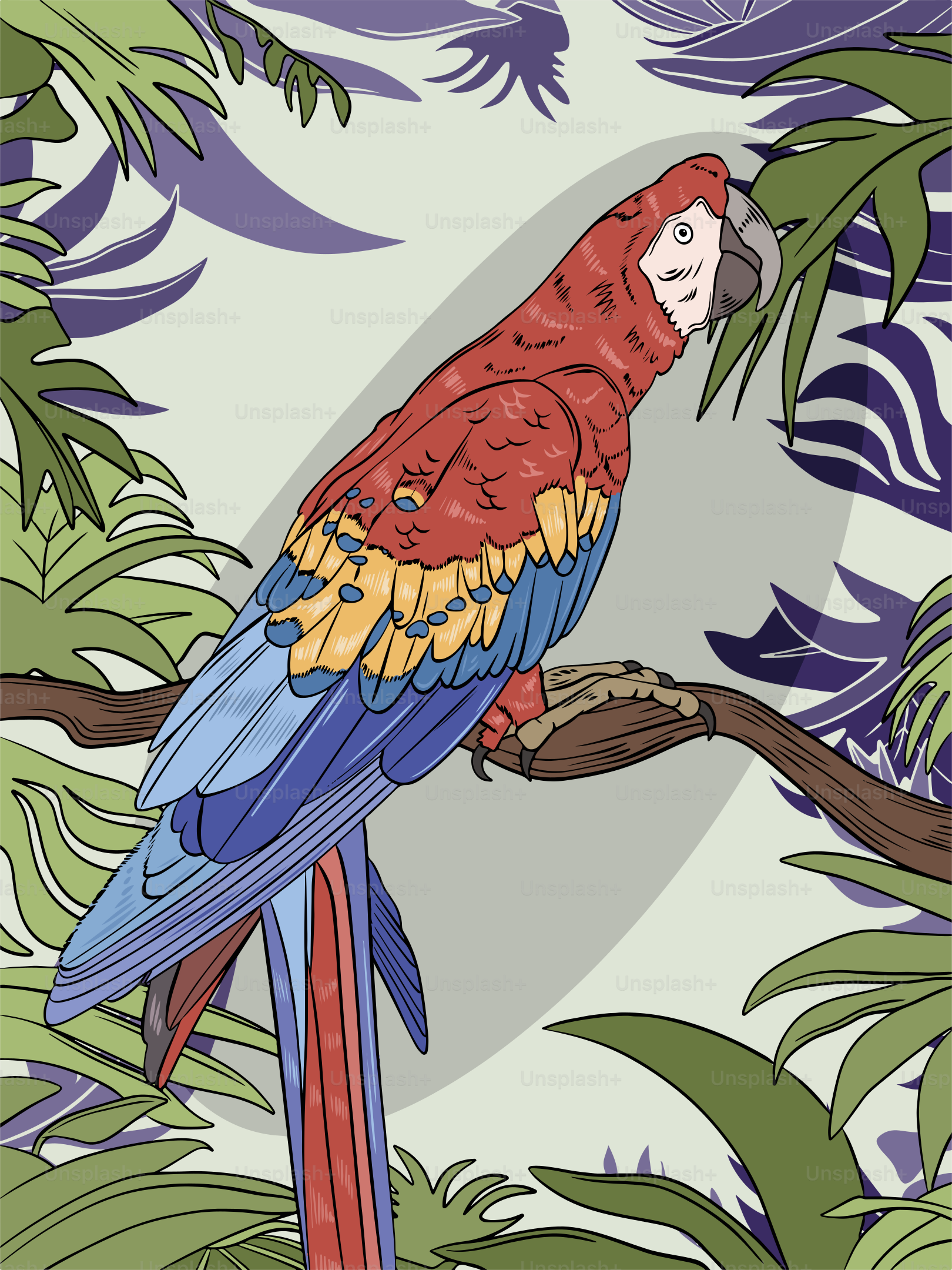 Un loro colorido sentado en la cima de una rama de árbol