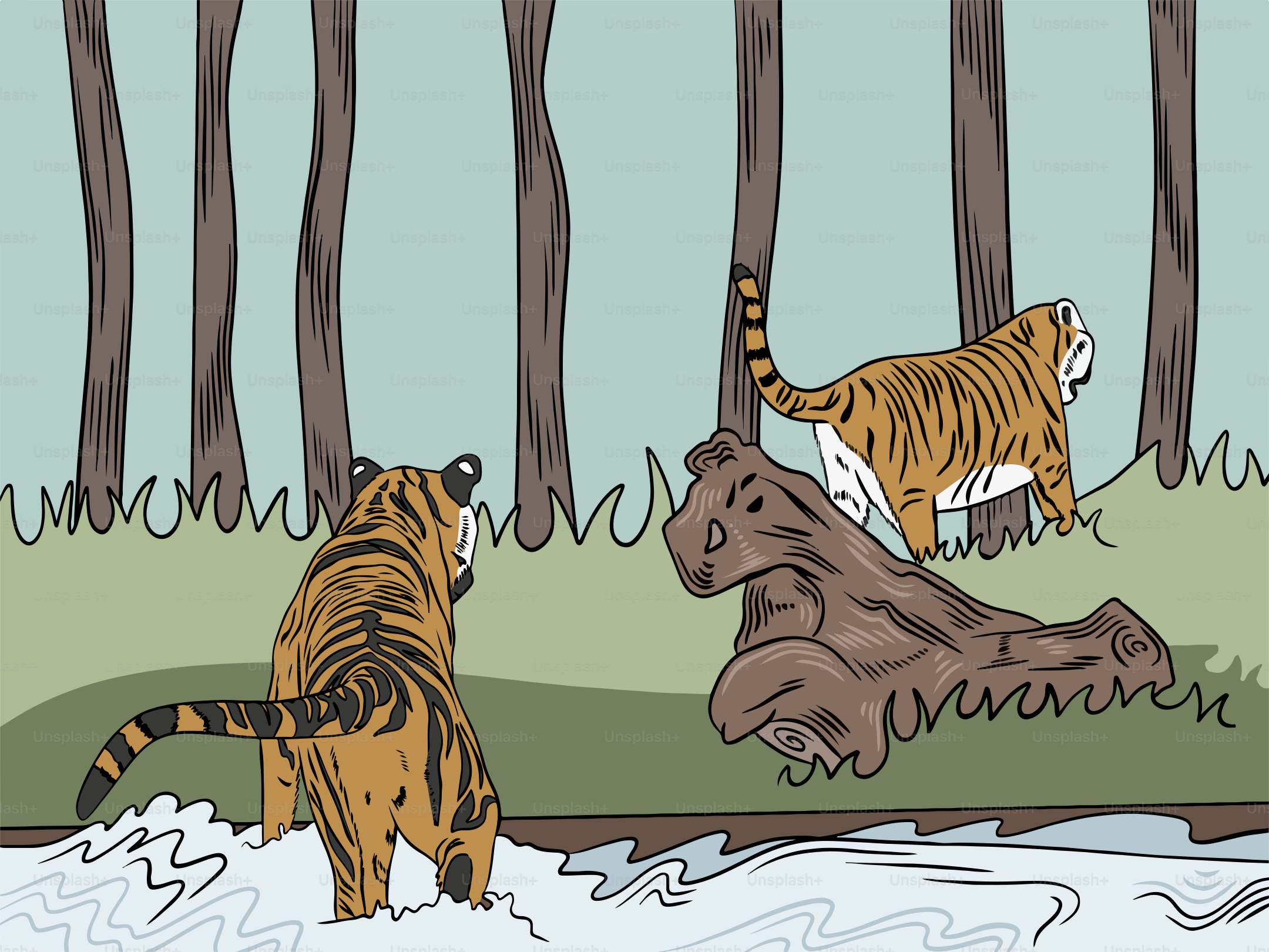 A couple of tigers standing next to each other in a forest