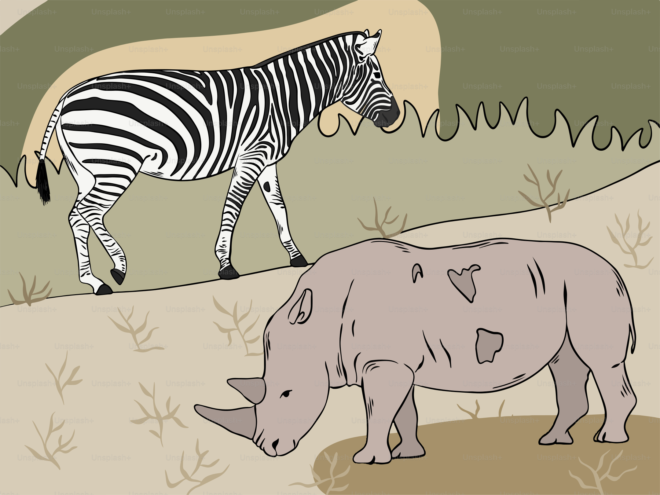A zebra and a rhino standing in a field