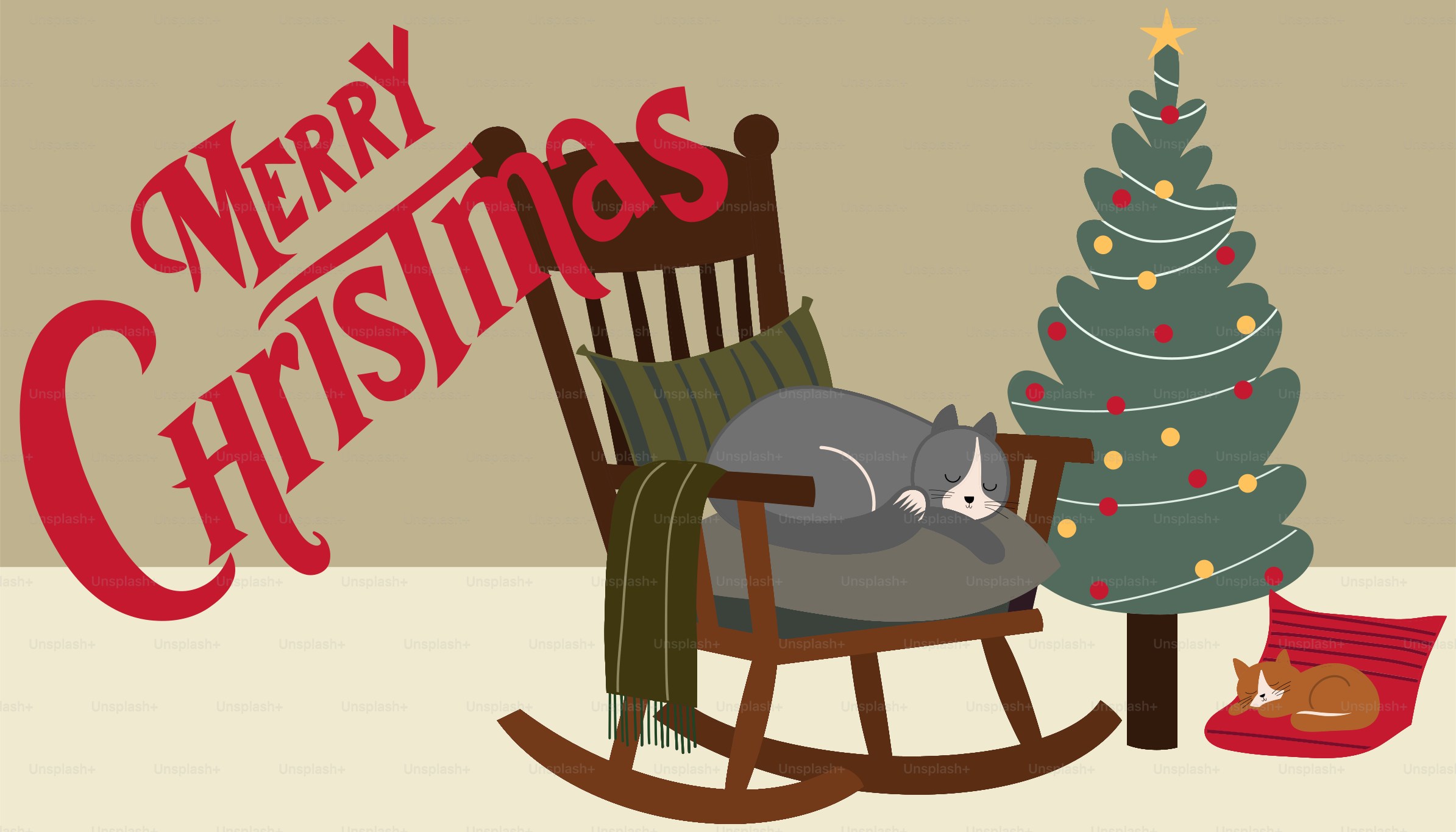 A cat sleeping on a rocking chair next to a christmas tree