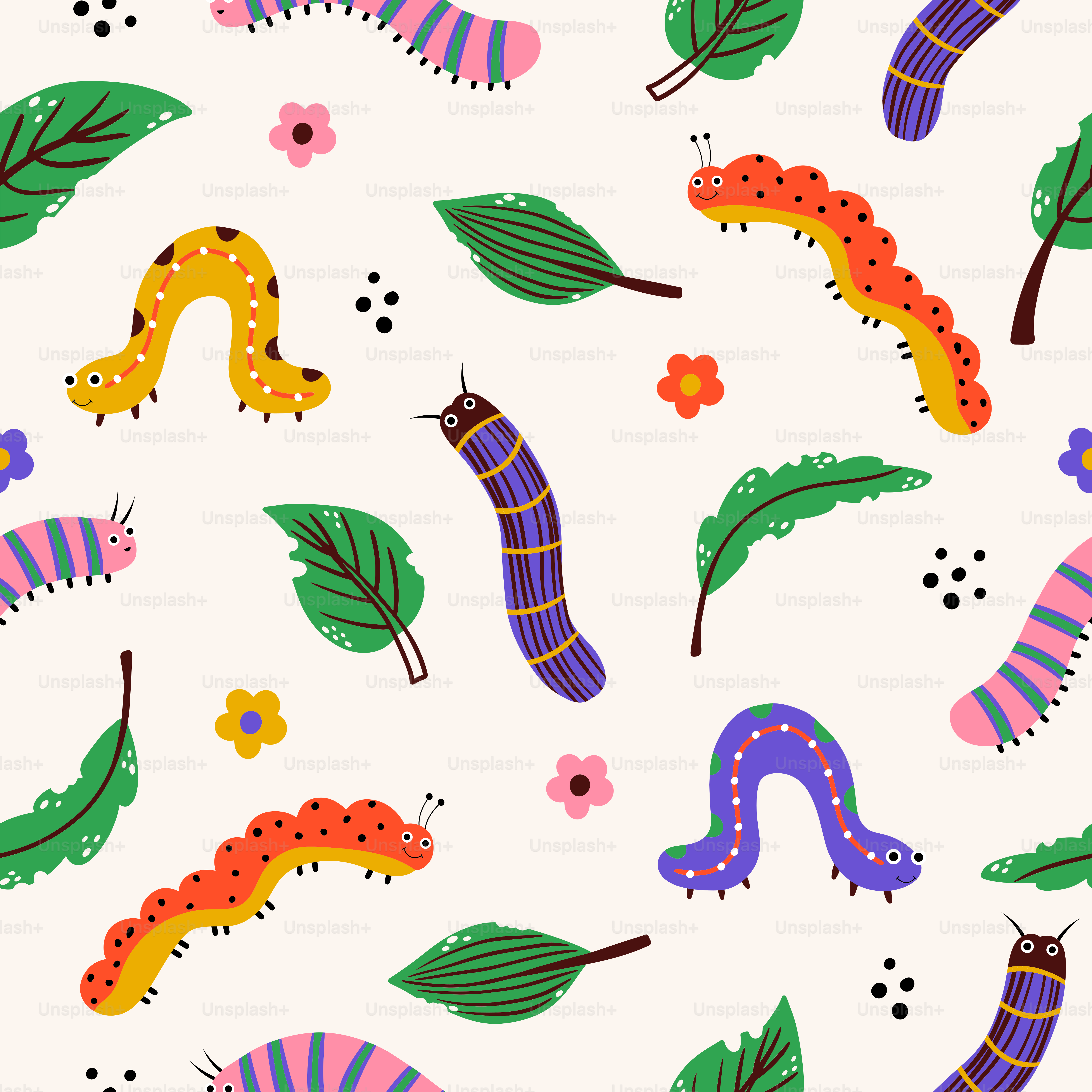 A very colorful pattern of bugs and caterpillars