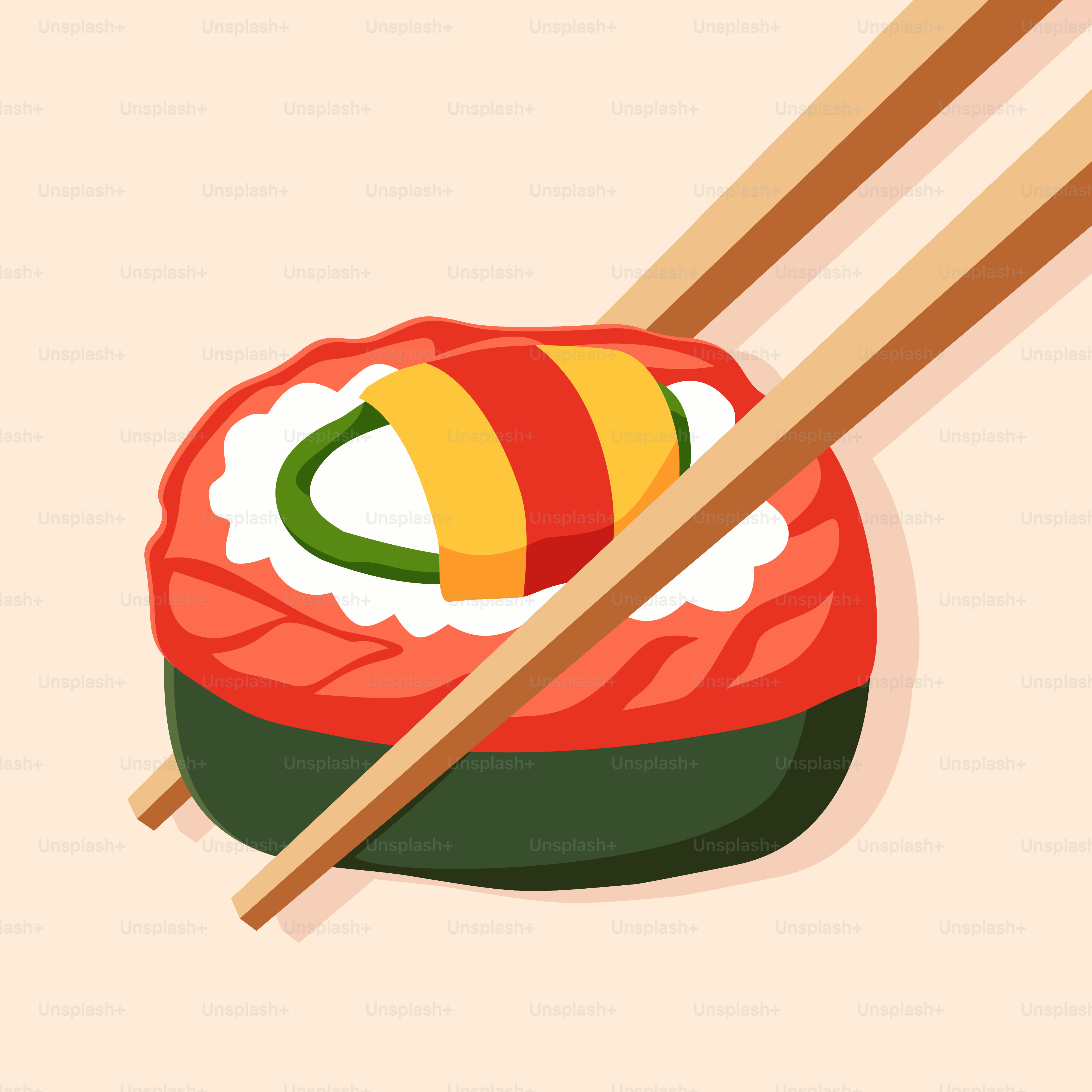 A sushi with chopsticks on top of it
