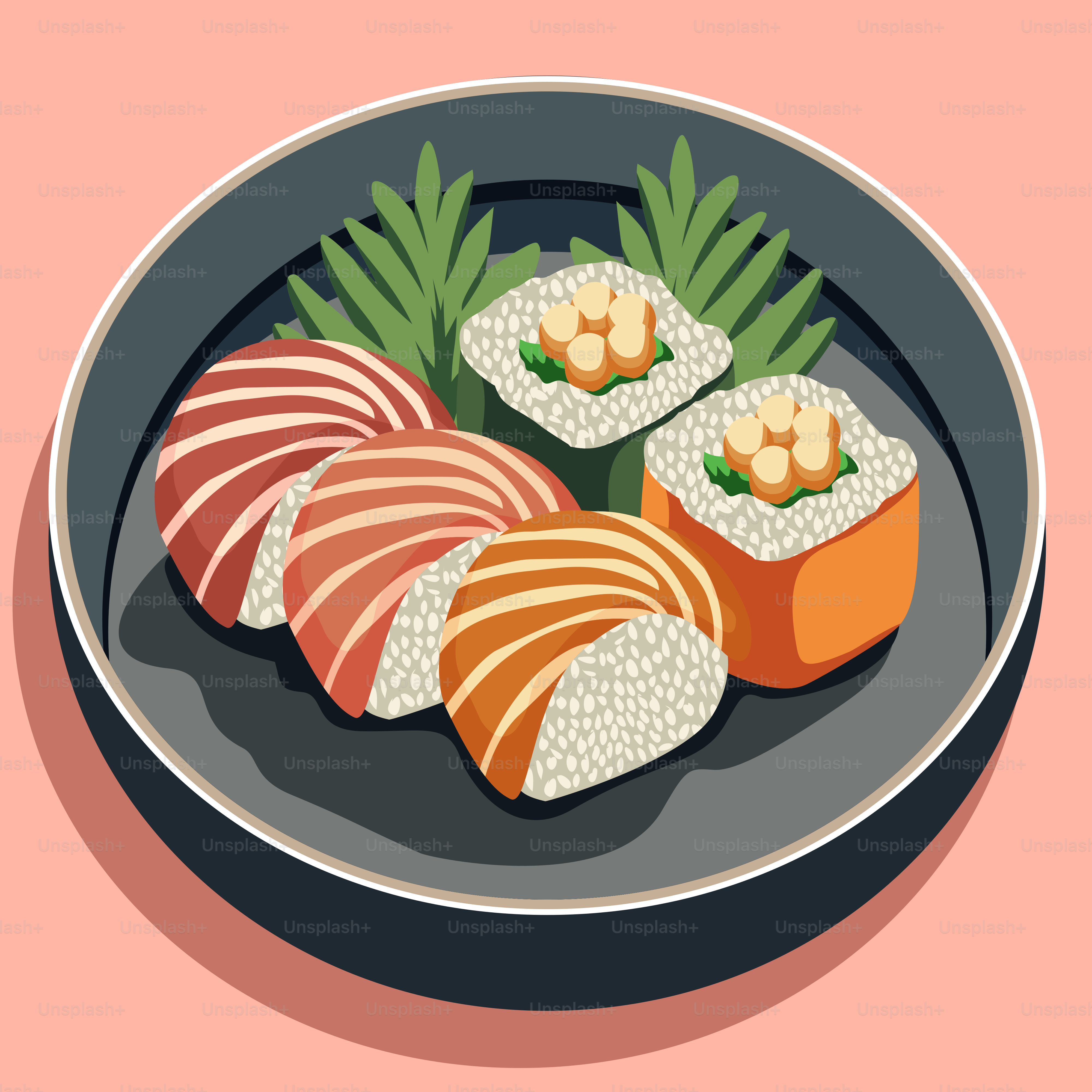 A plate of sushi on a pink background