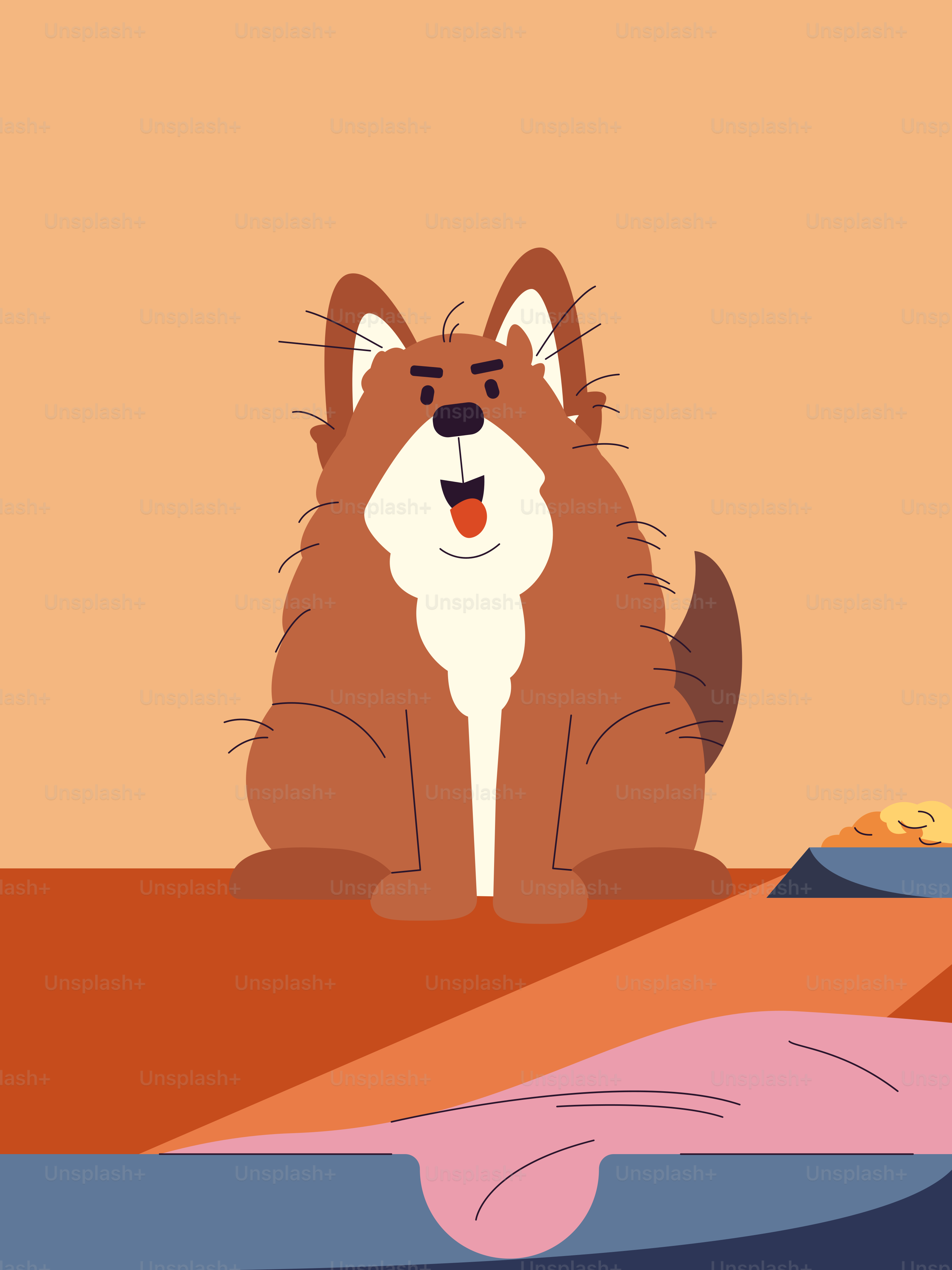 Ein Hund, der auf einem Bett sitzt und in die Kamera schaut