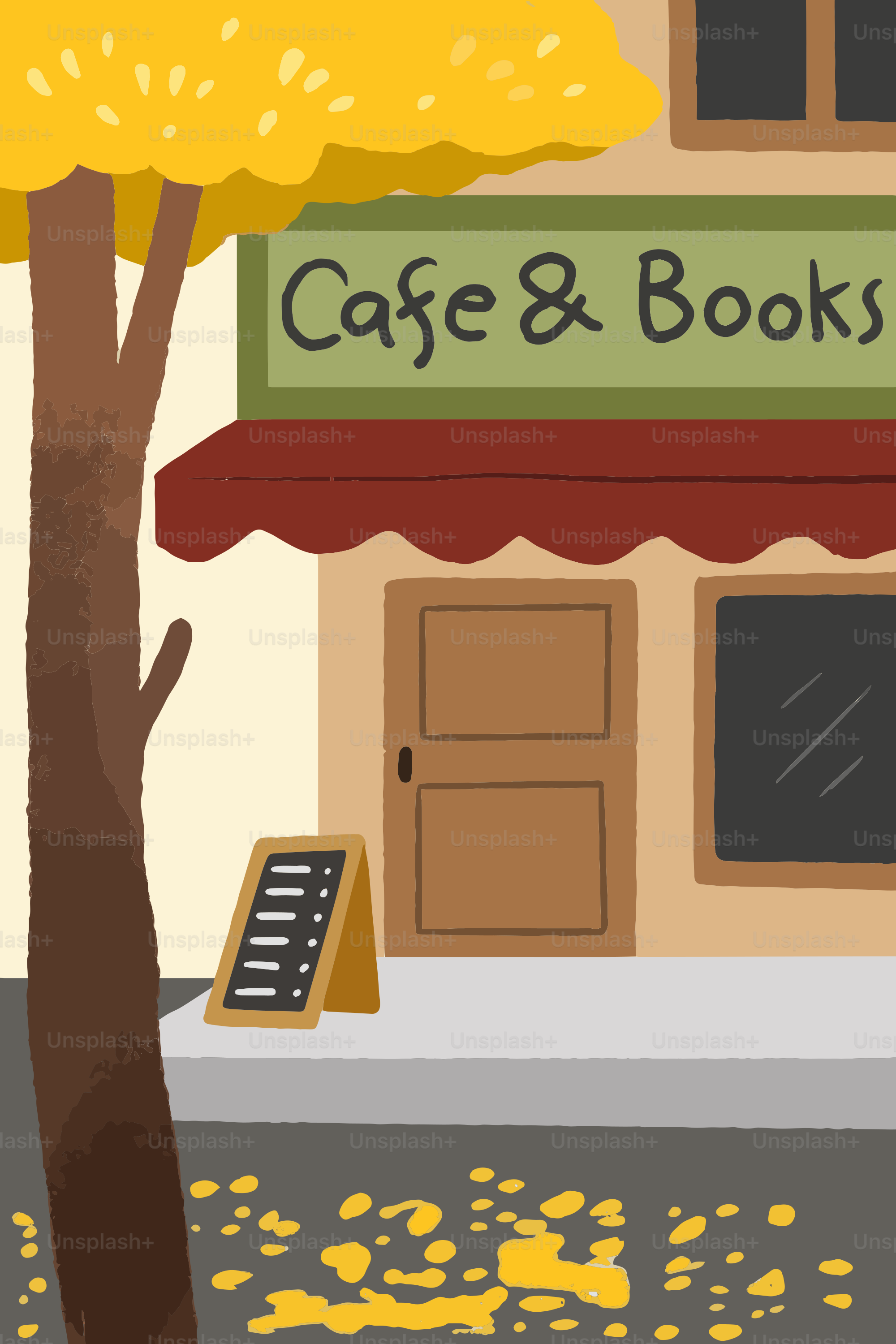 A drawing of a cafe and books store