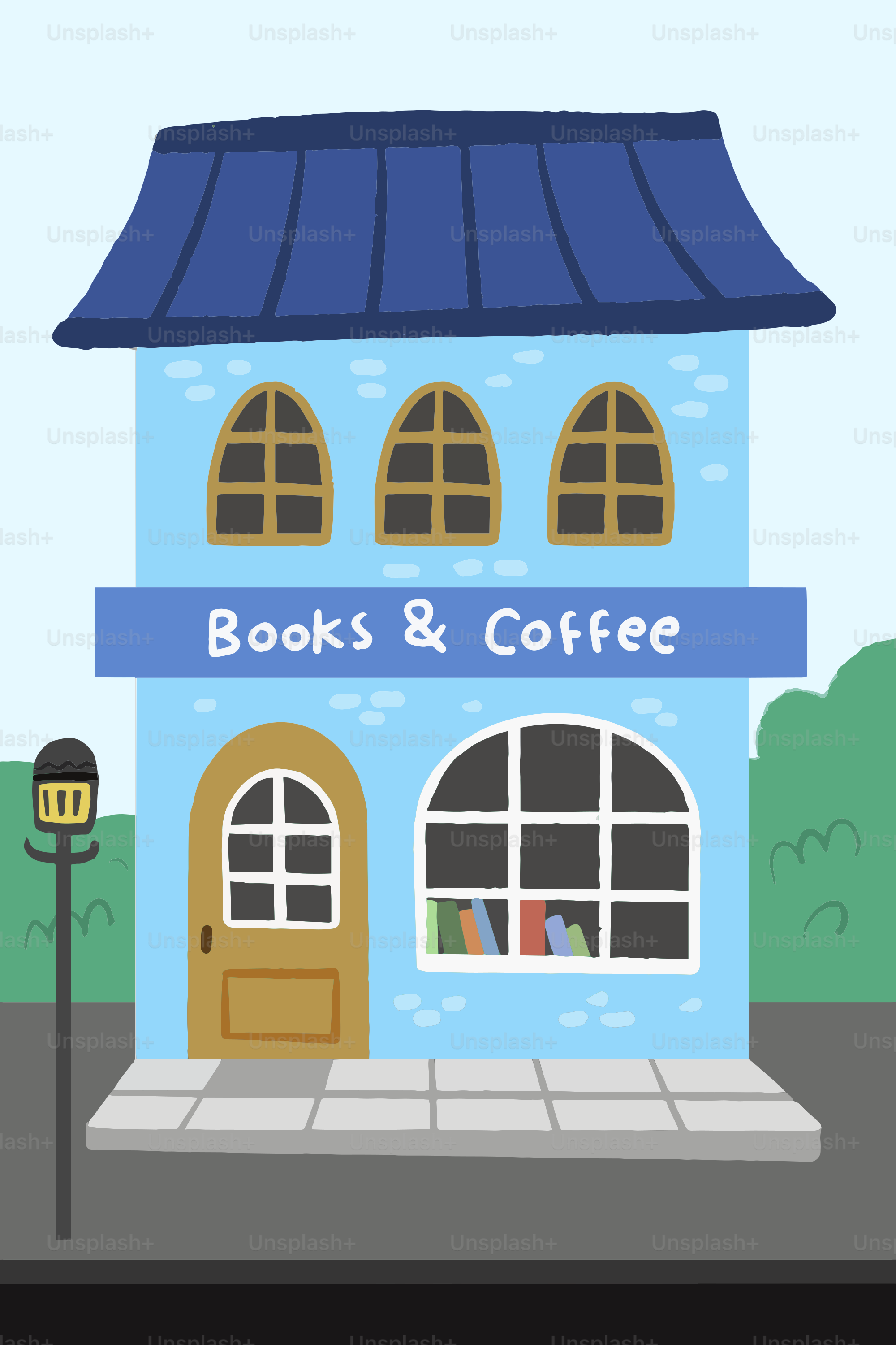 A cartoon of a coffee shop with a blue roof