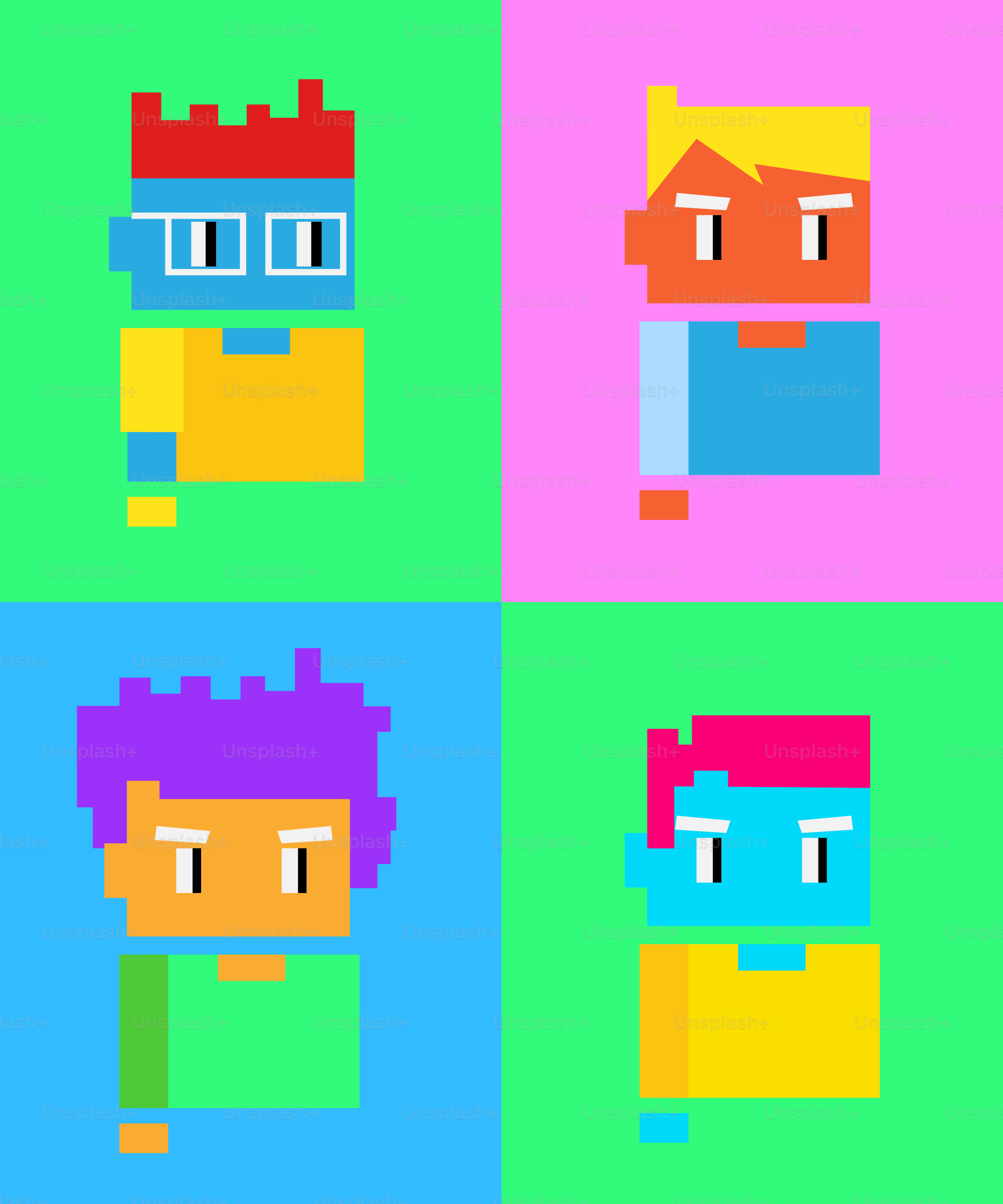 Pixel art of four different colored squares with different faces