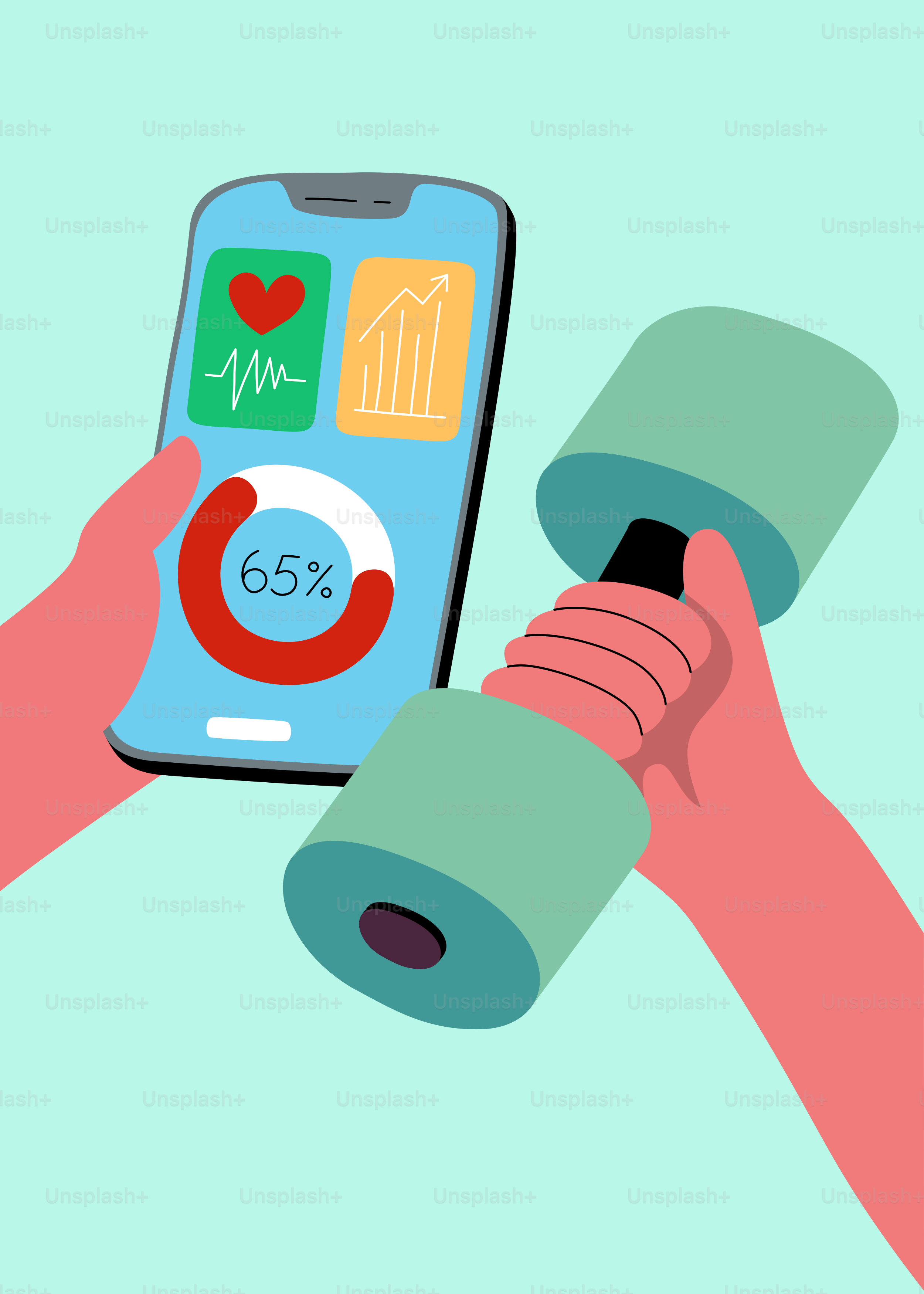 A person holding a phone and a pair of dumbs