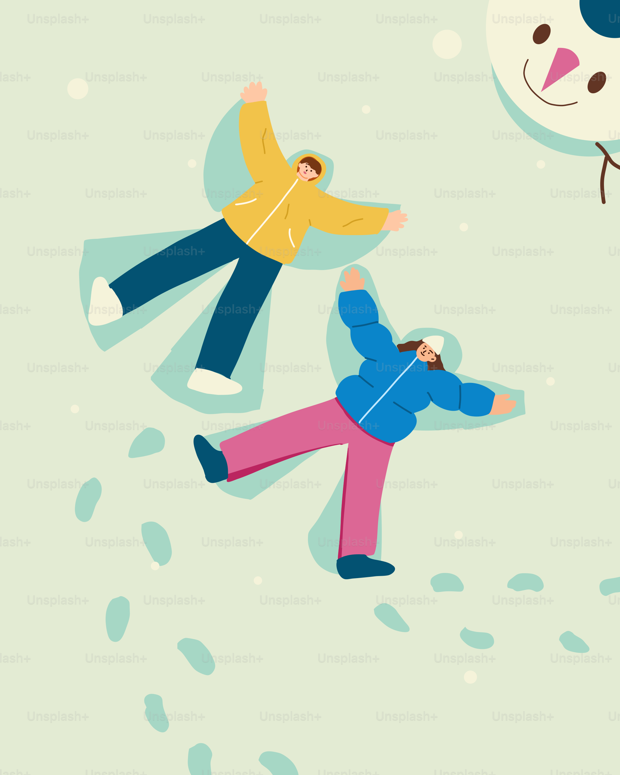 A couple of people standing next to a snowman