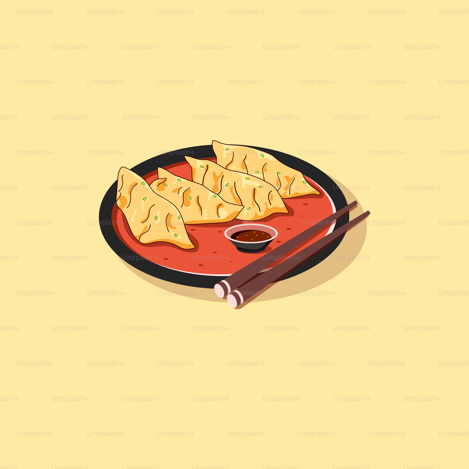 A plate of food with chopsticks and sauce