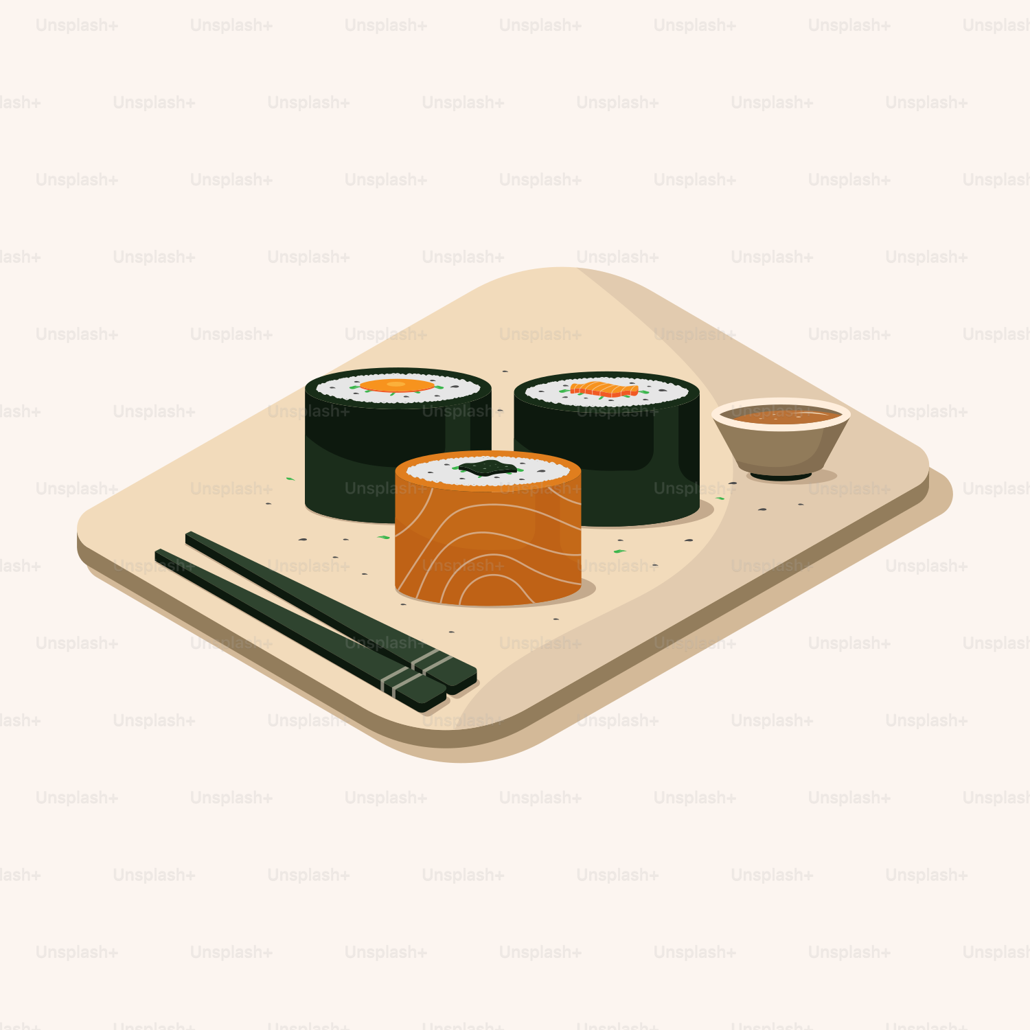 A plate with sushi and chopsticks on it