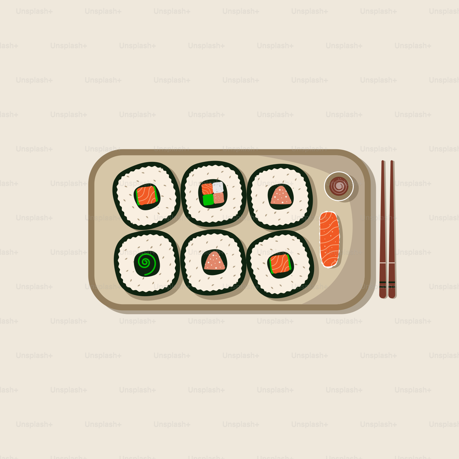 Un vassoio di sushi con sopra le bacchette