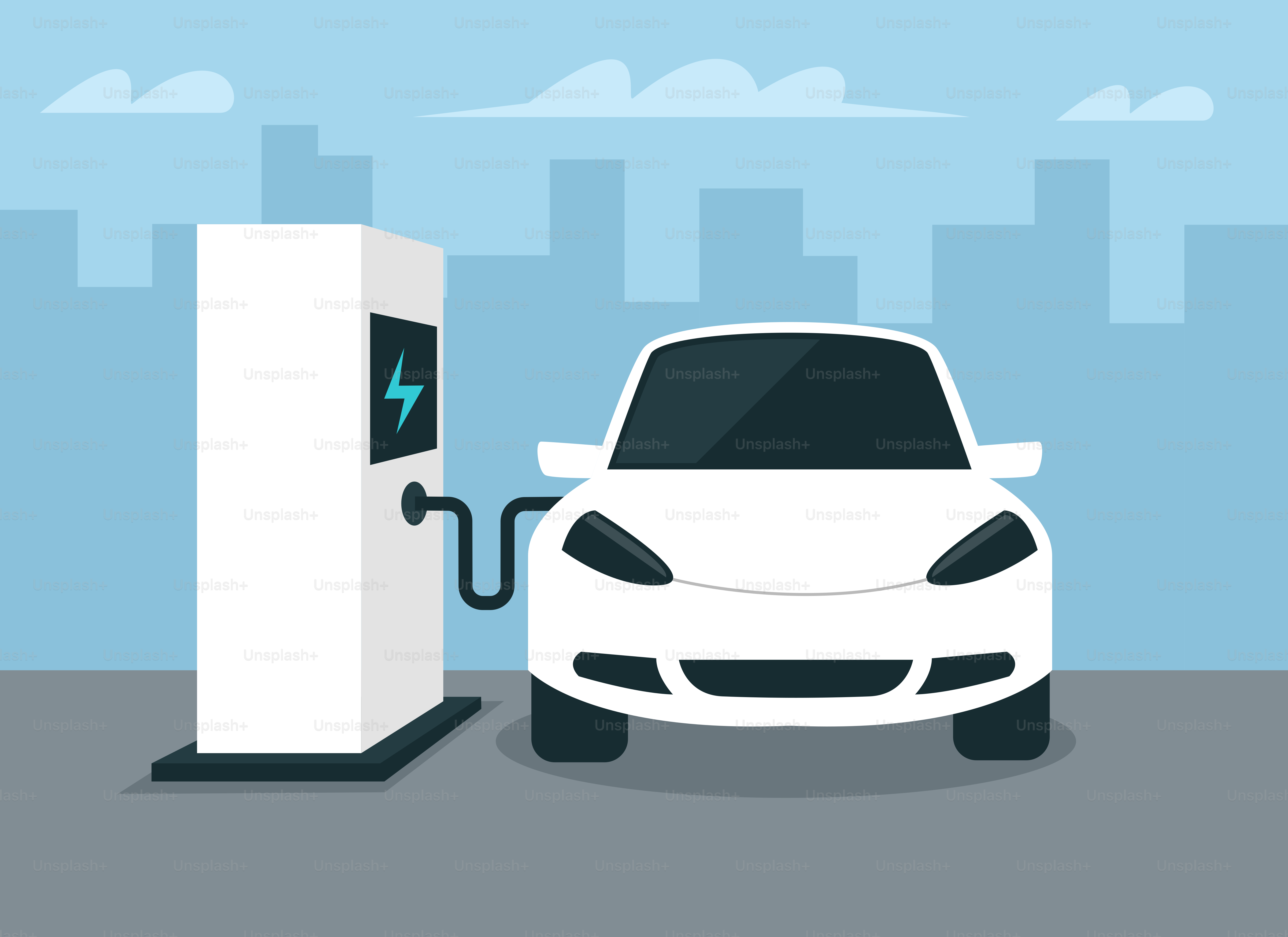 Une voiture blanche à une pompe à essence avec une ville en arrière-plan