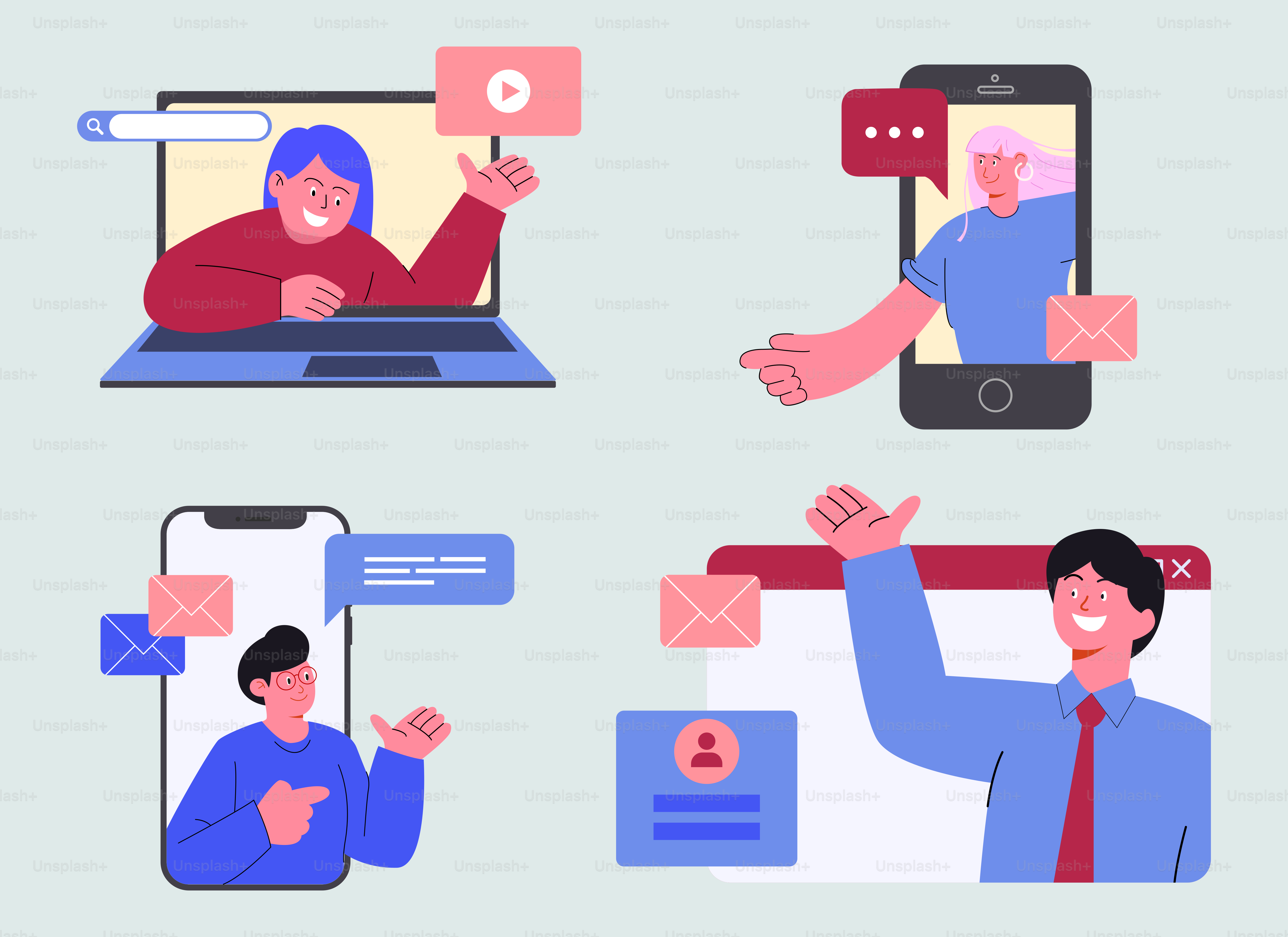 Eine Reihe flacher Symbole von Menschen, die verschiedene Geräte benutzen