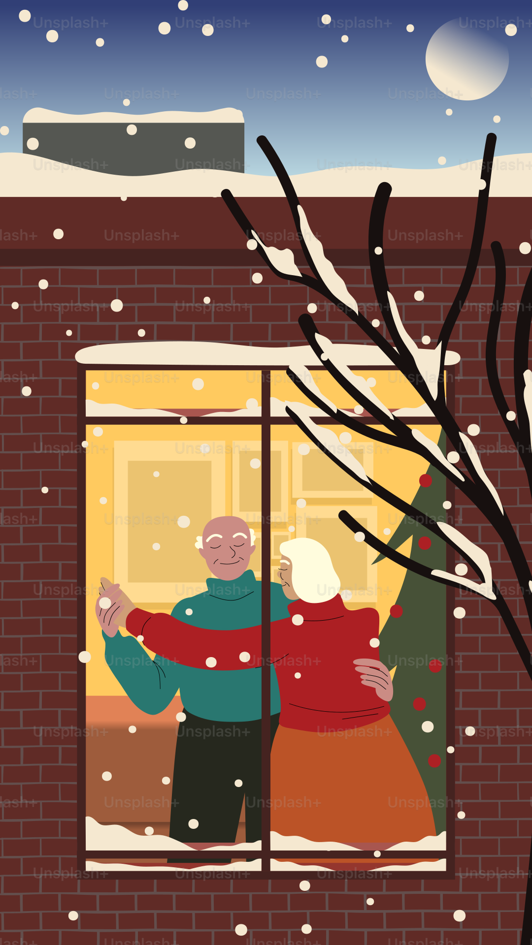A man and a woman are looking out of a window in the snow