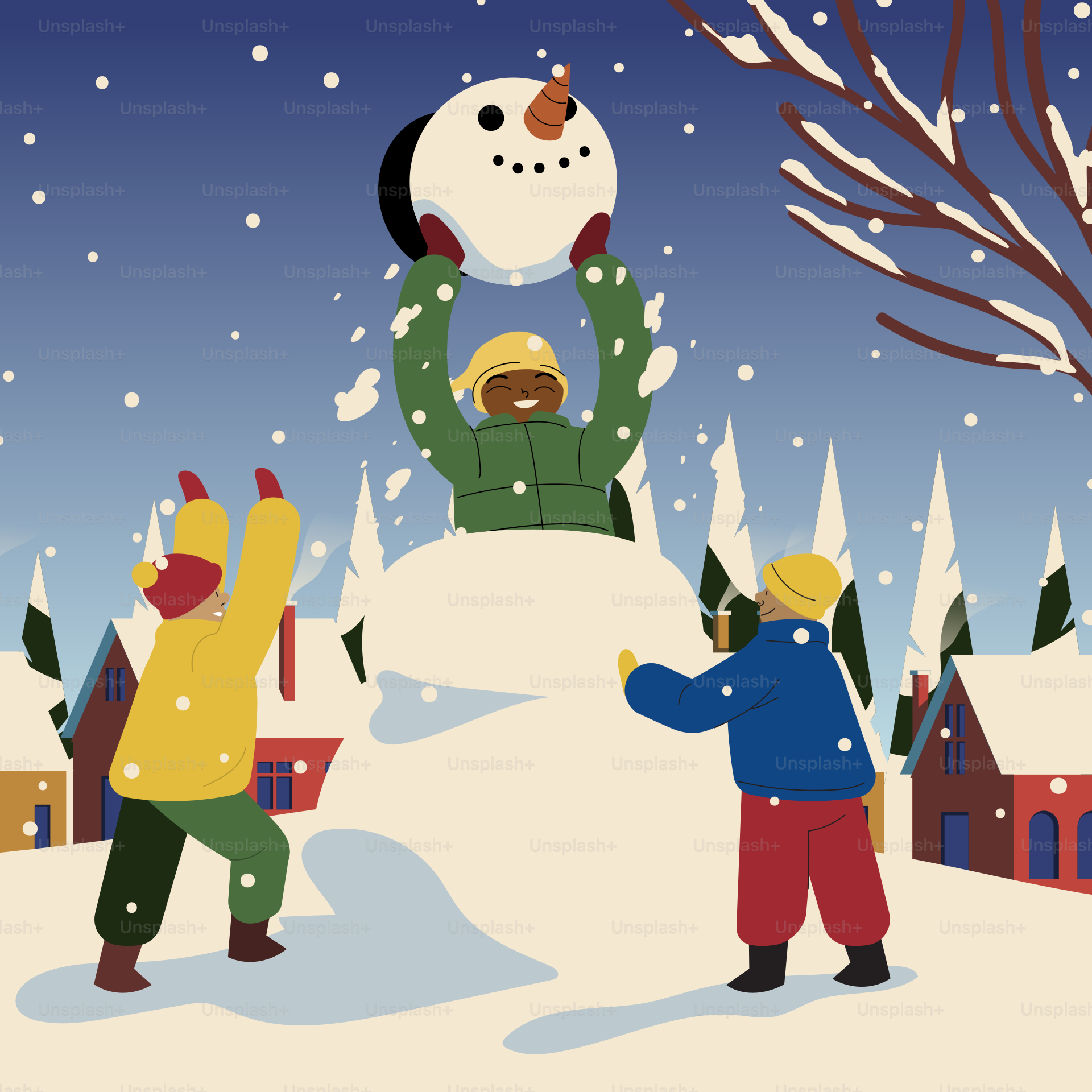 A group of people standing around a snowman