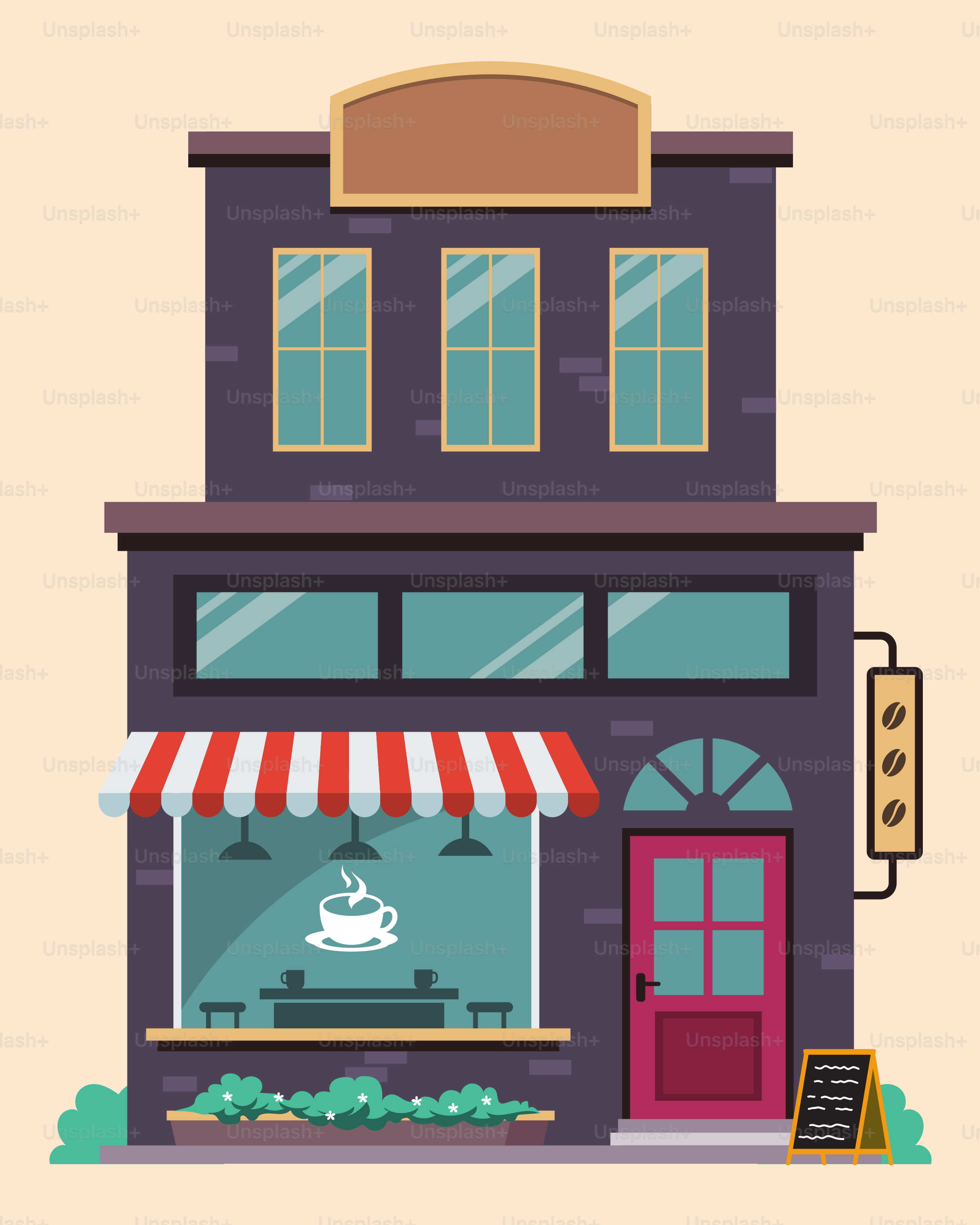 A coffee shop with a red and white awning