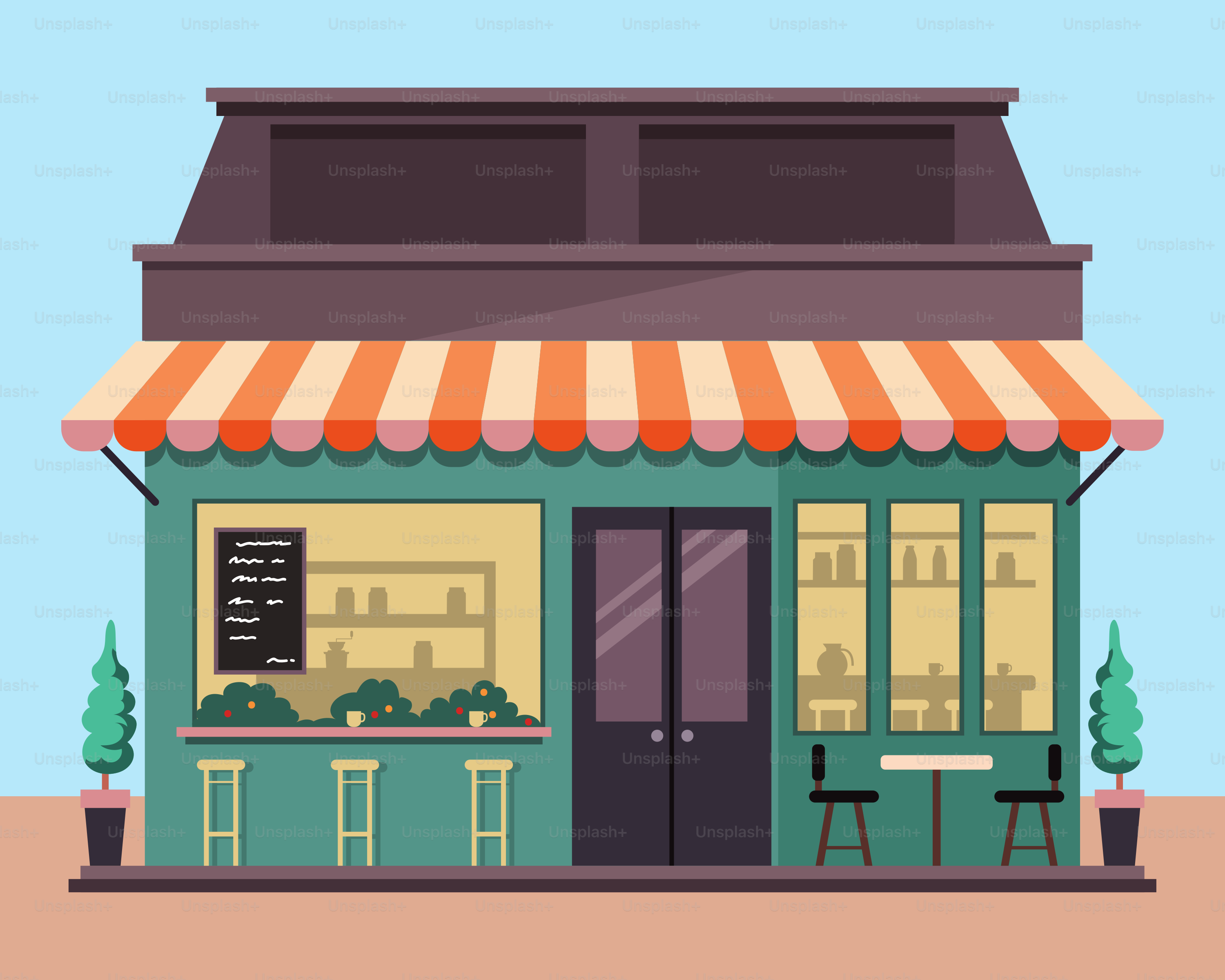 A small building with a striped awning