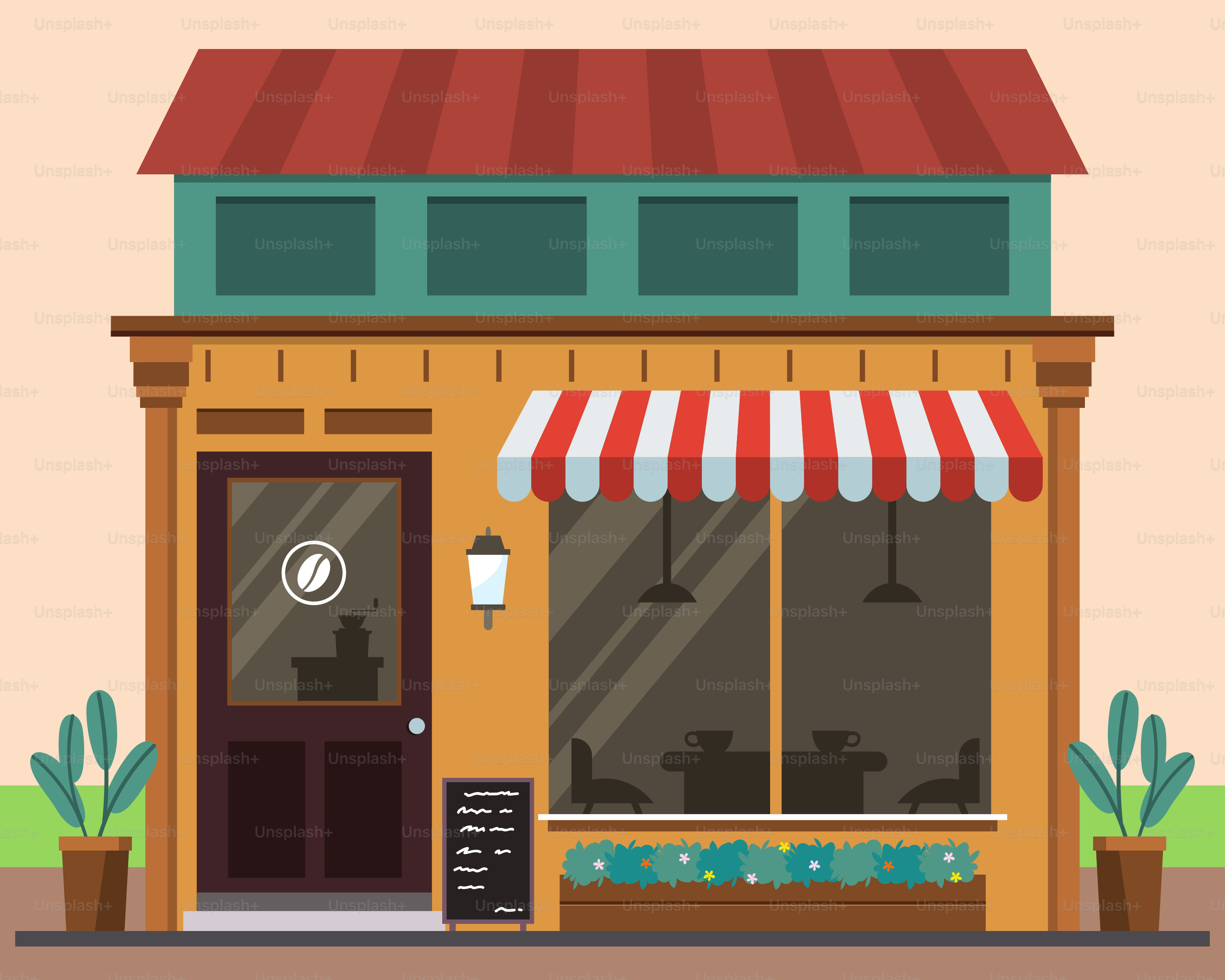 A store front with a red and white awning