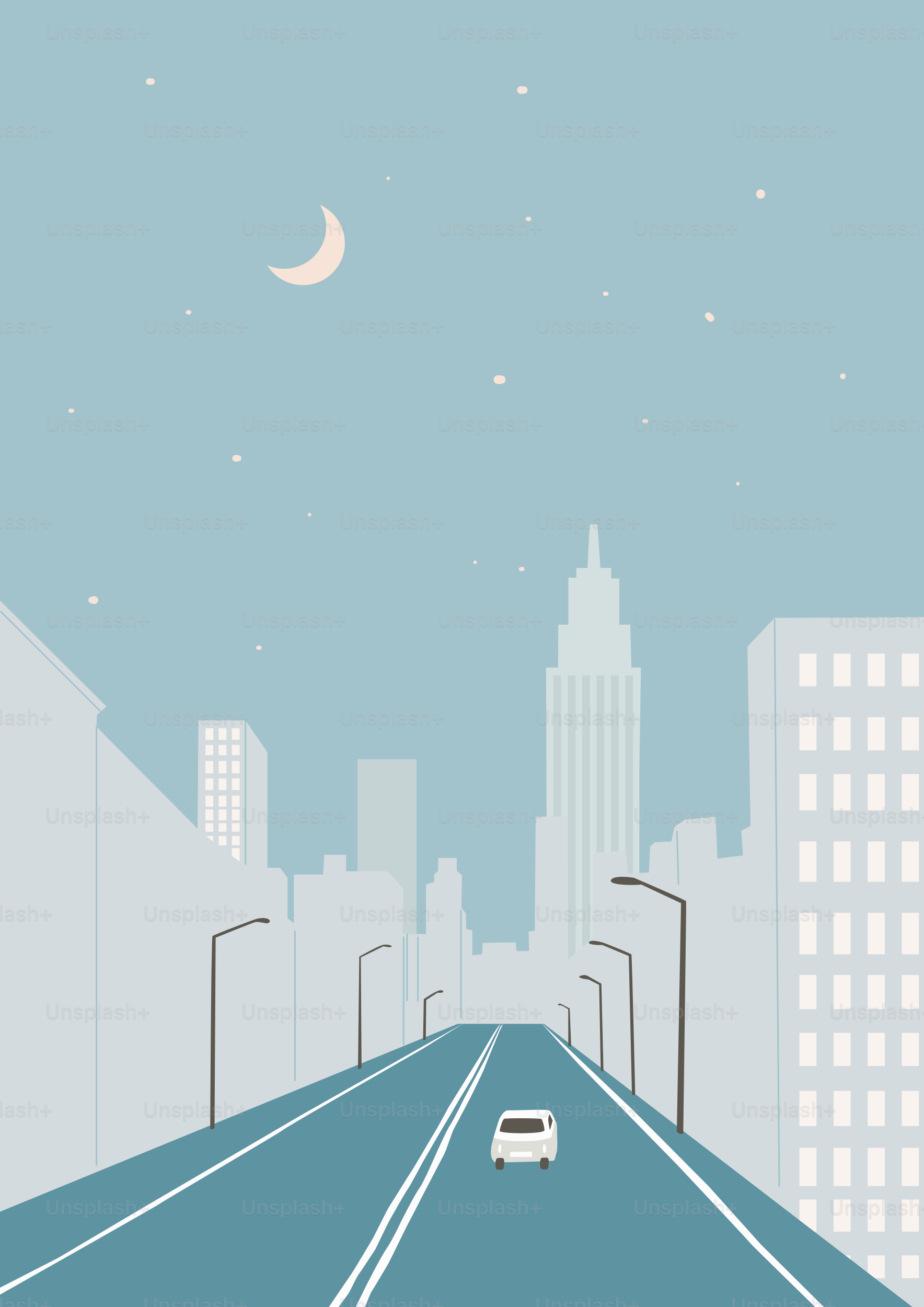 A car driving down a street next to tall buildings