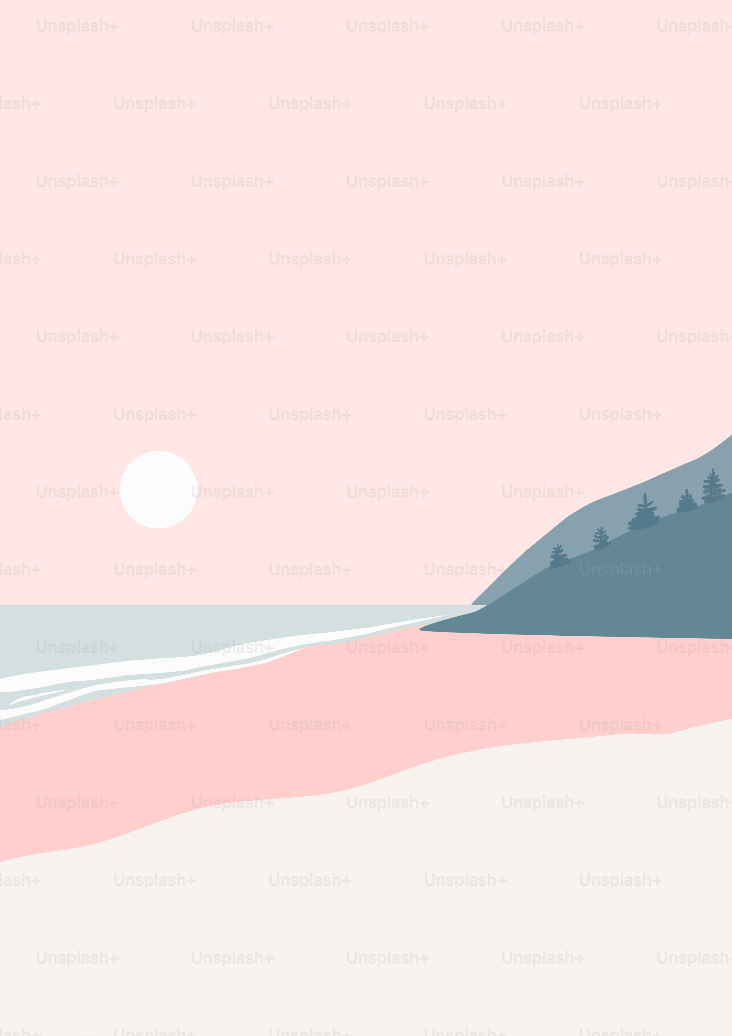 A painting of a beach with a mountain in the background