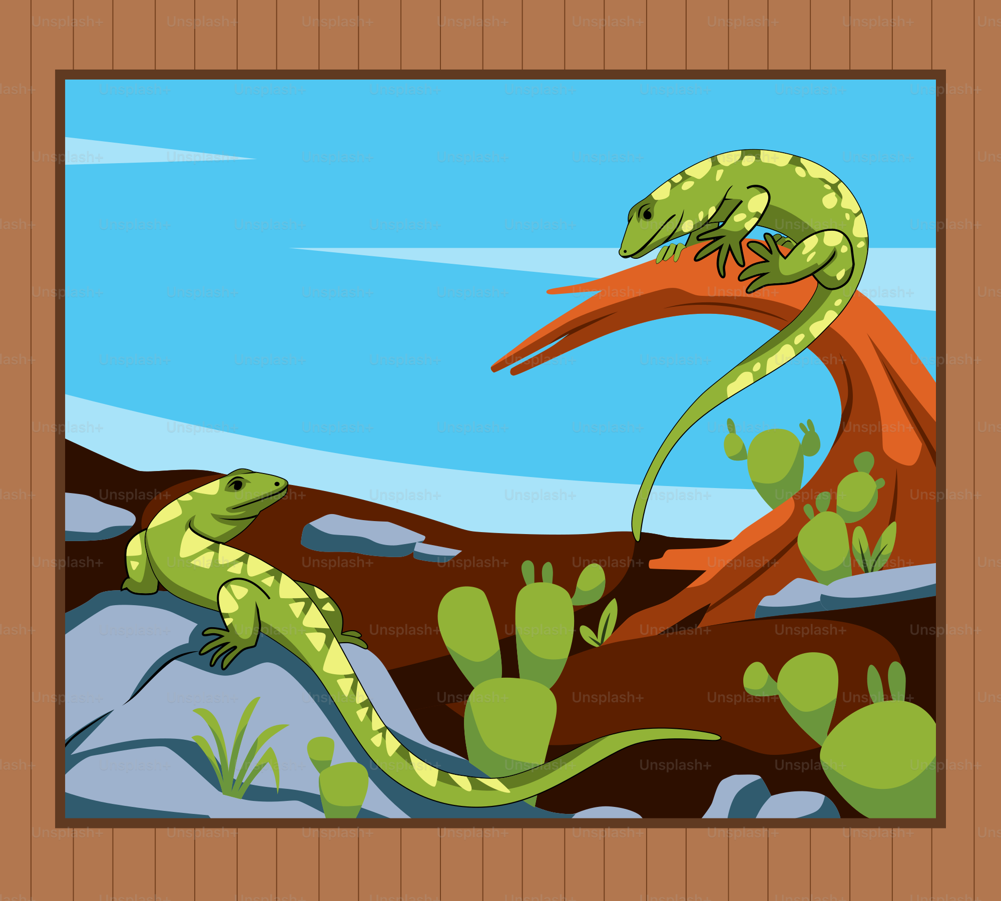 A painting of two lizards in a desert
