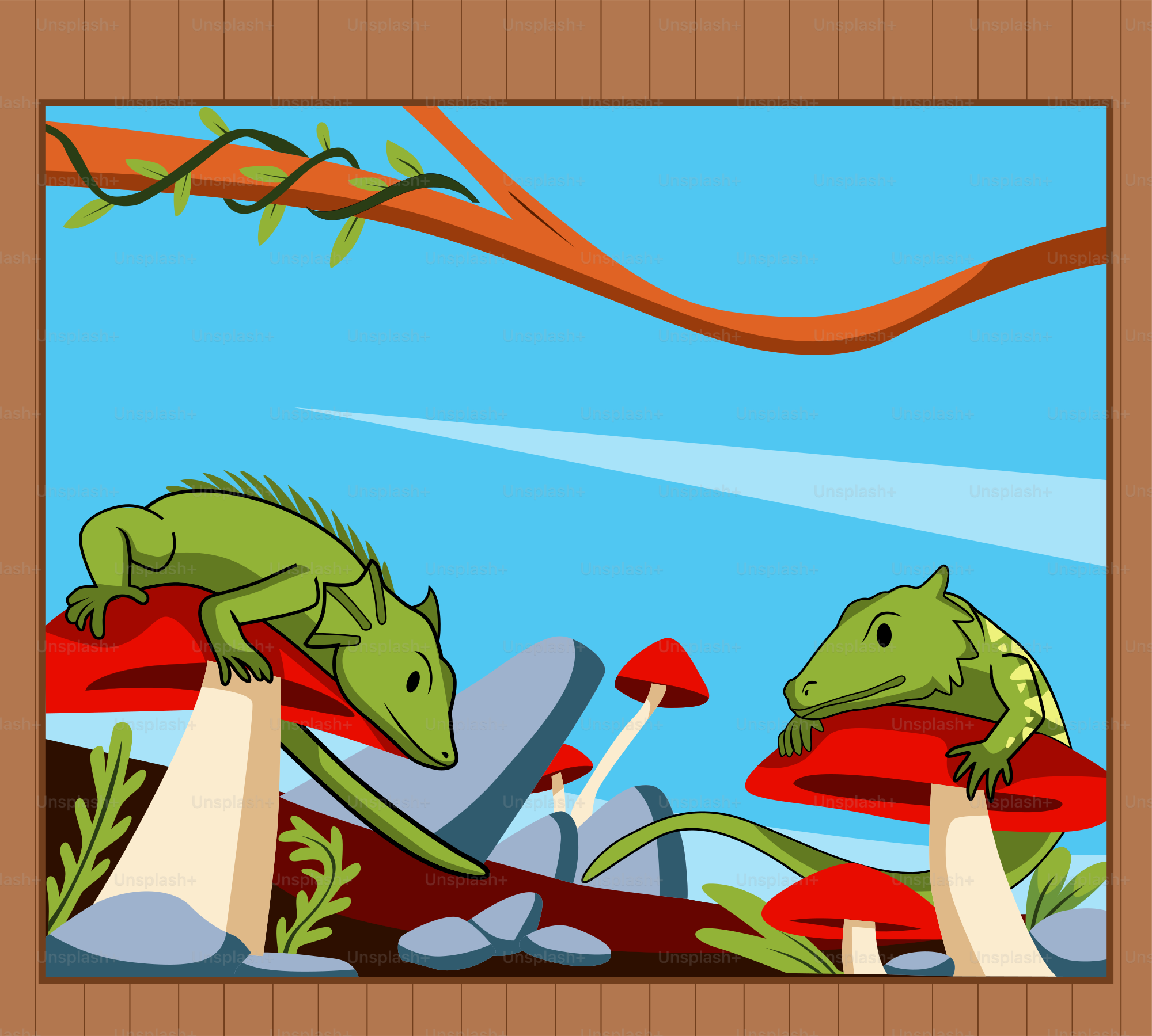 A painting of a lizard and a frog in a forest