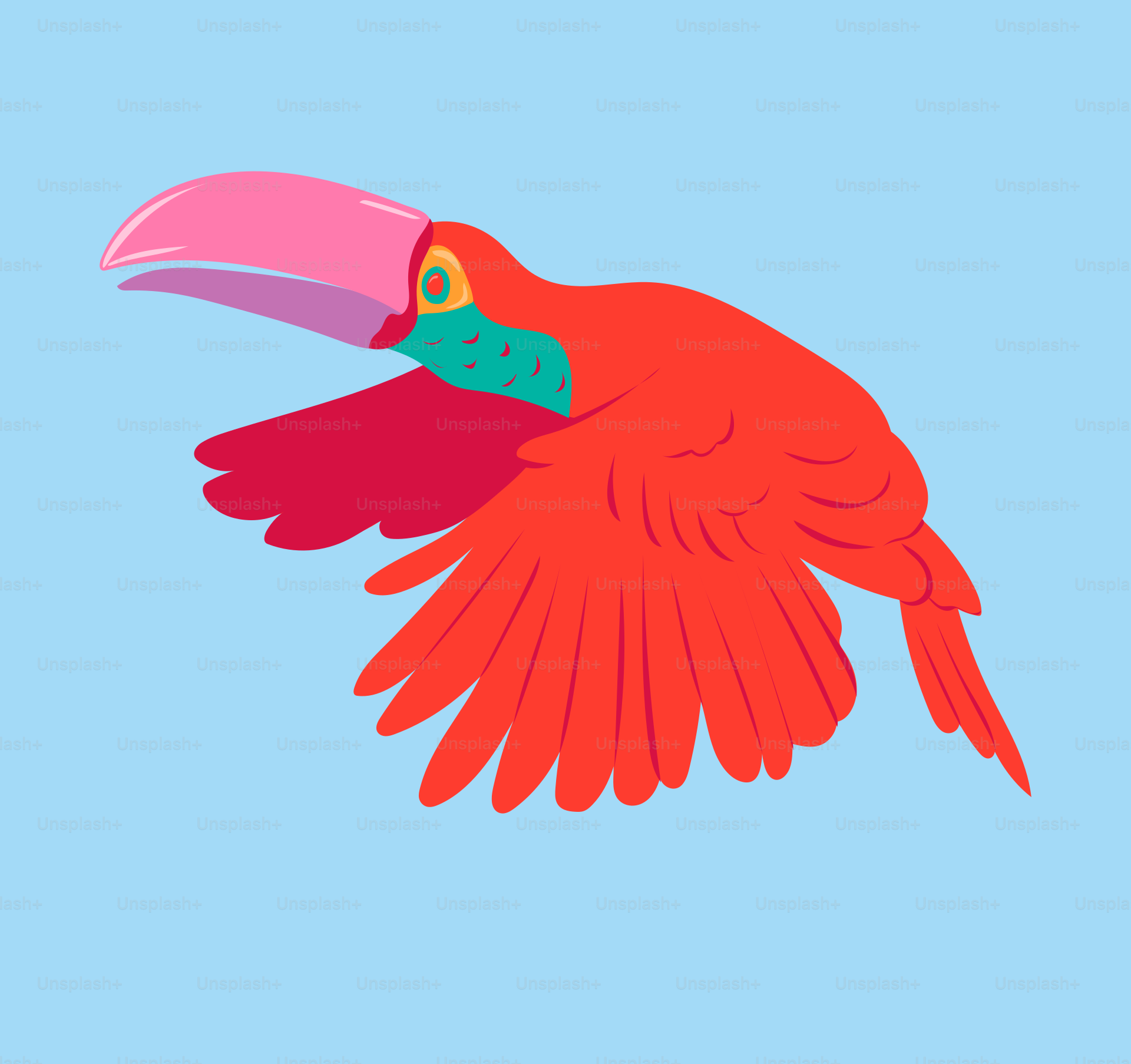 A red bird with a colorful beak flying in the sky