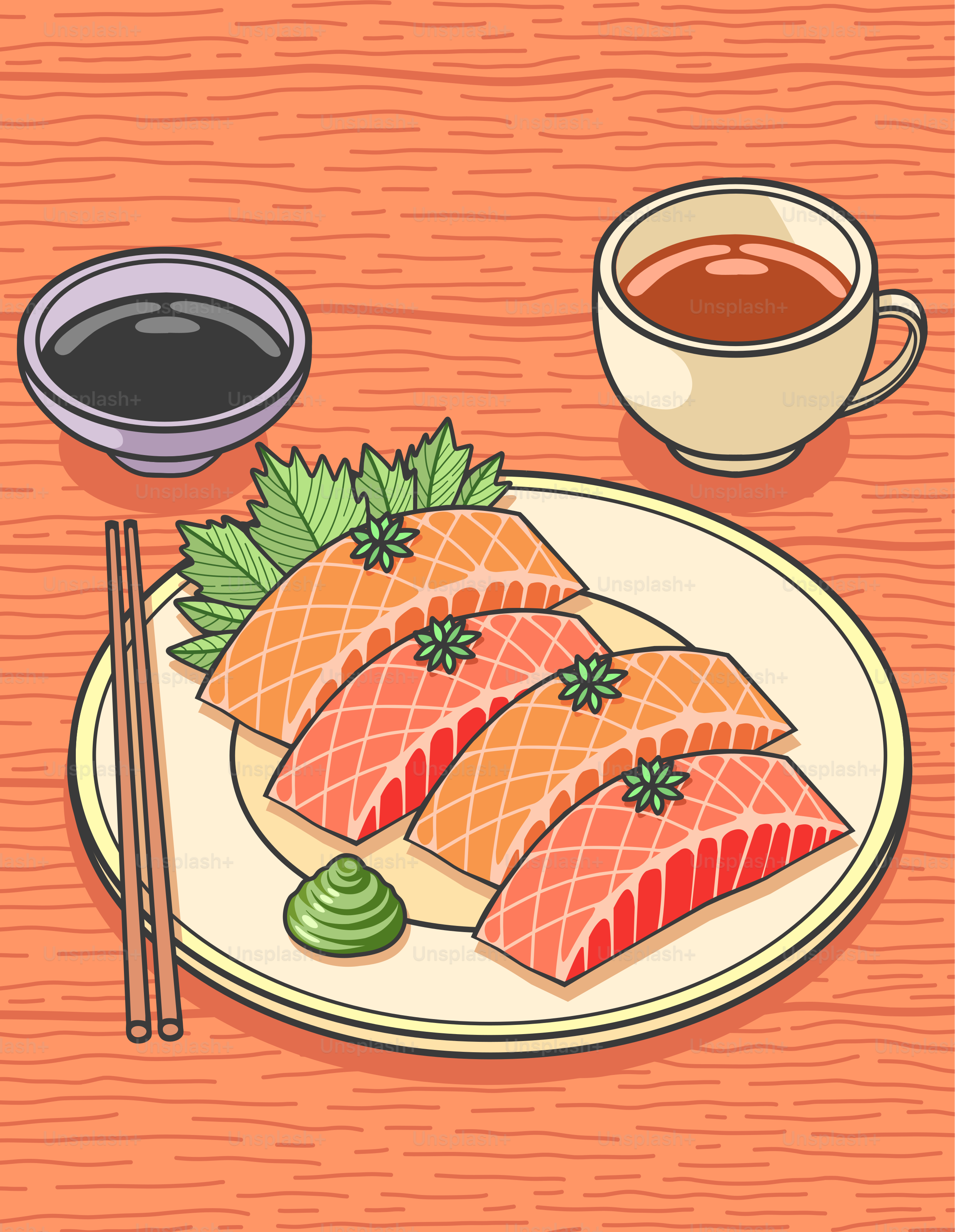 A plate of sushi with chopsticks and a cup of tea