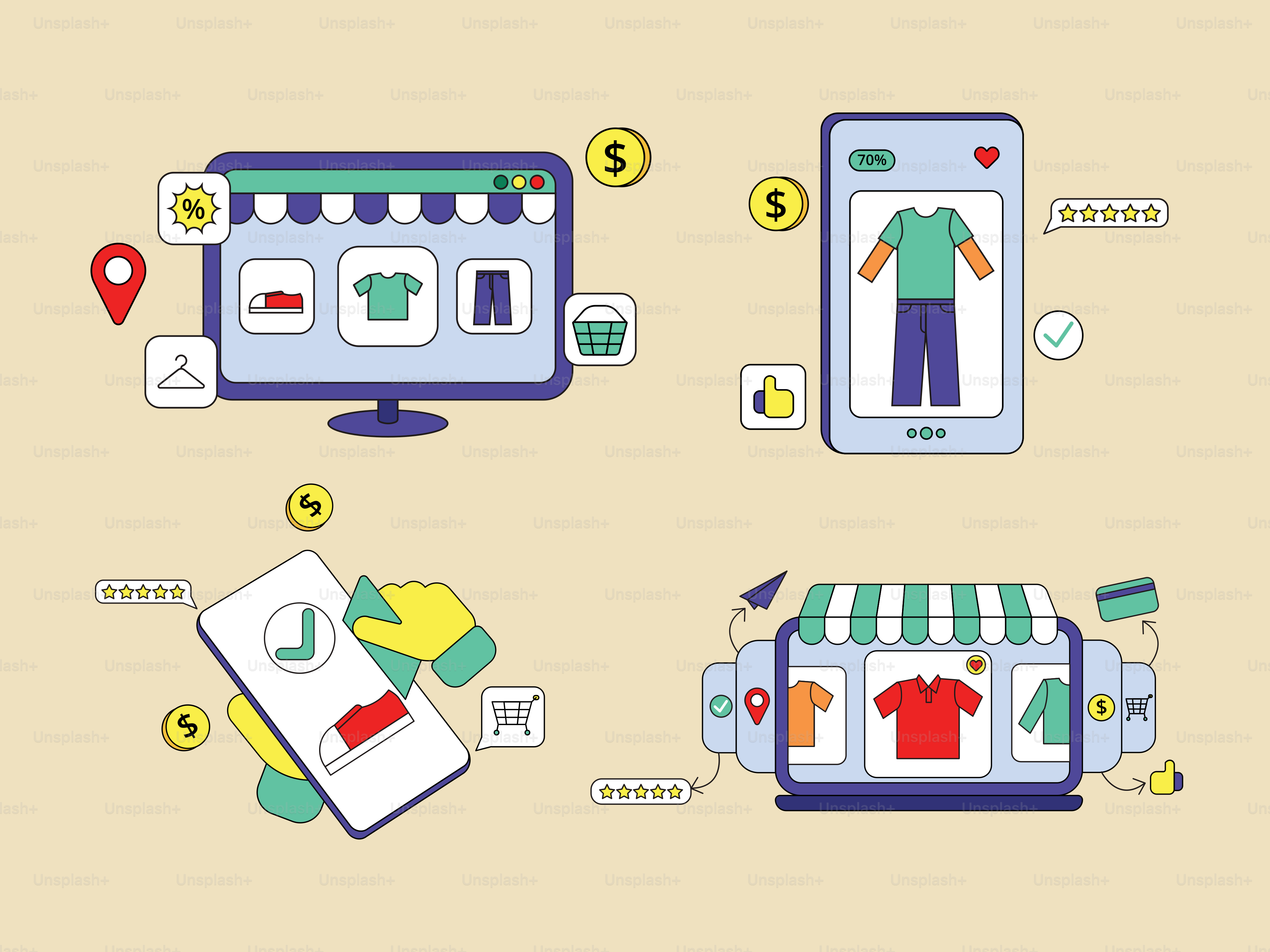 A flat design of a storefront with a lot of items on it
