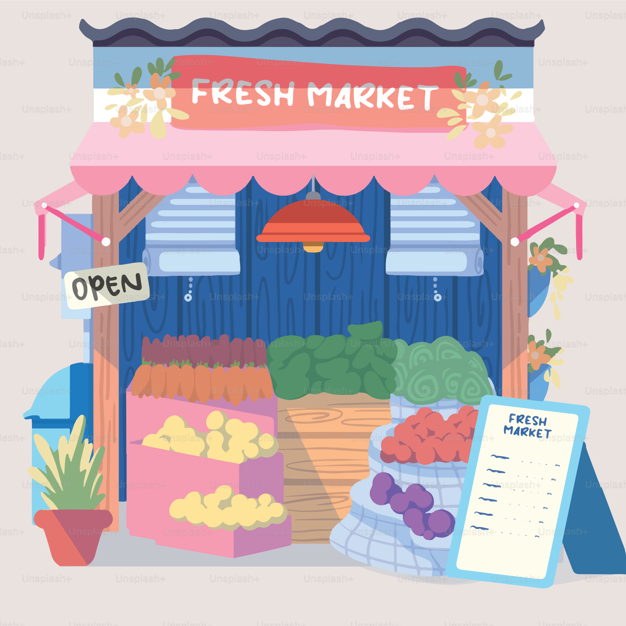 A fruit and vegetable stand with fresh market items
