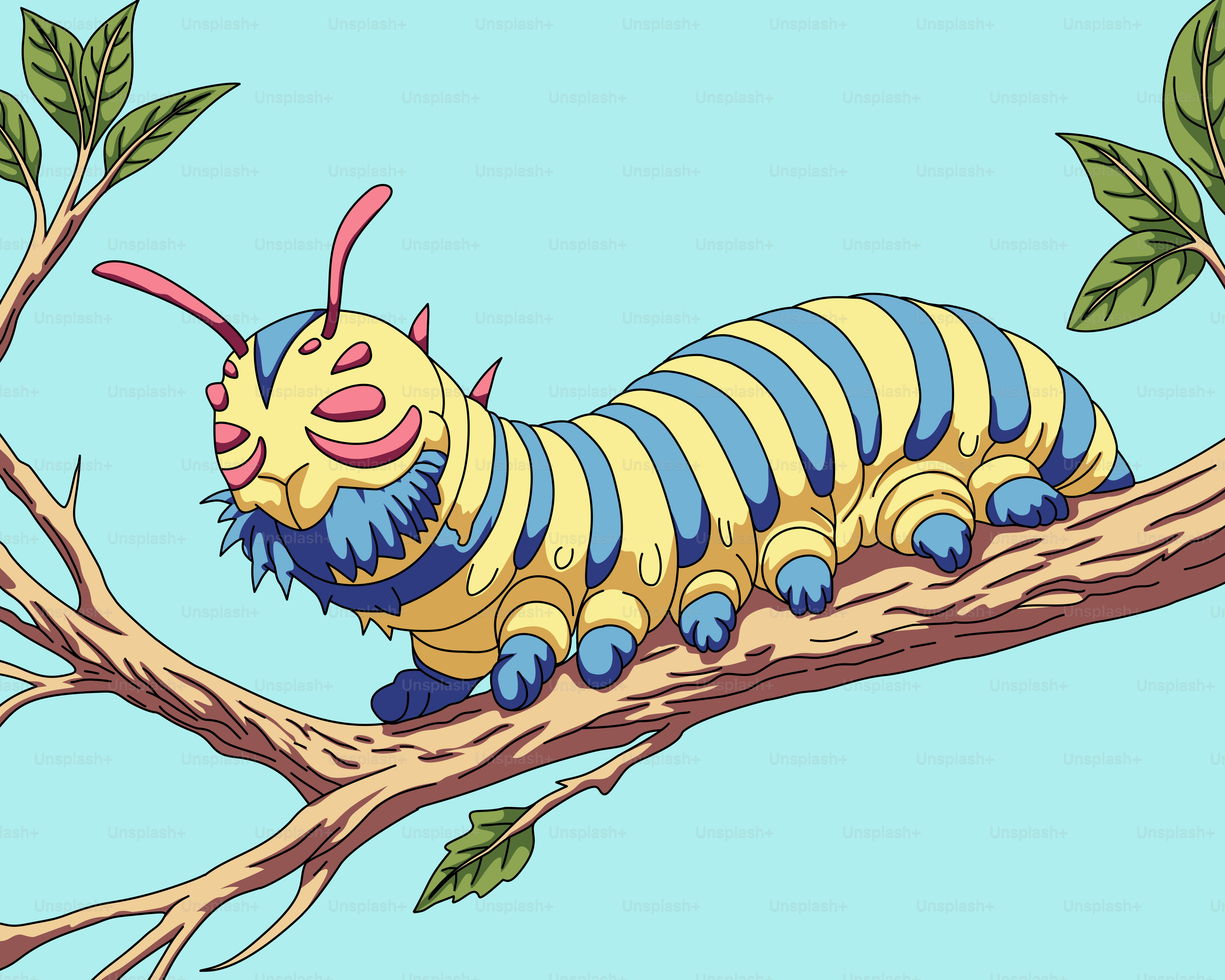 A caterpillar is sitting on a tree branch