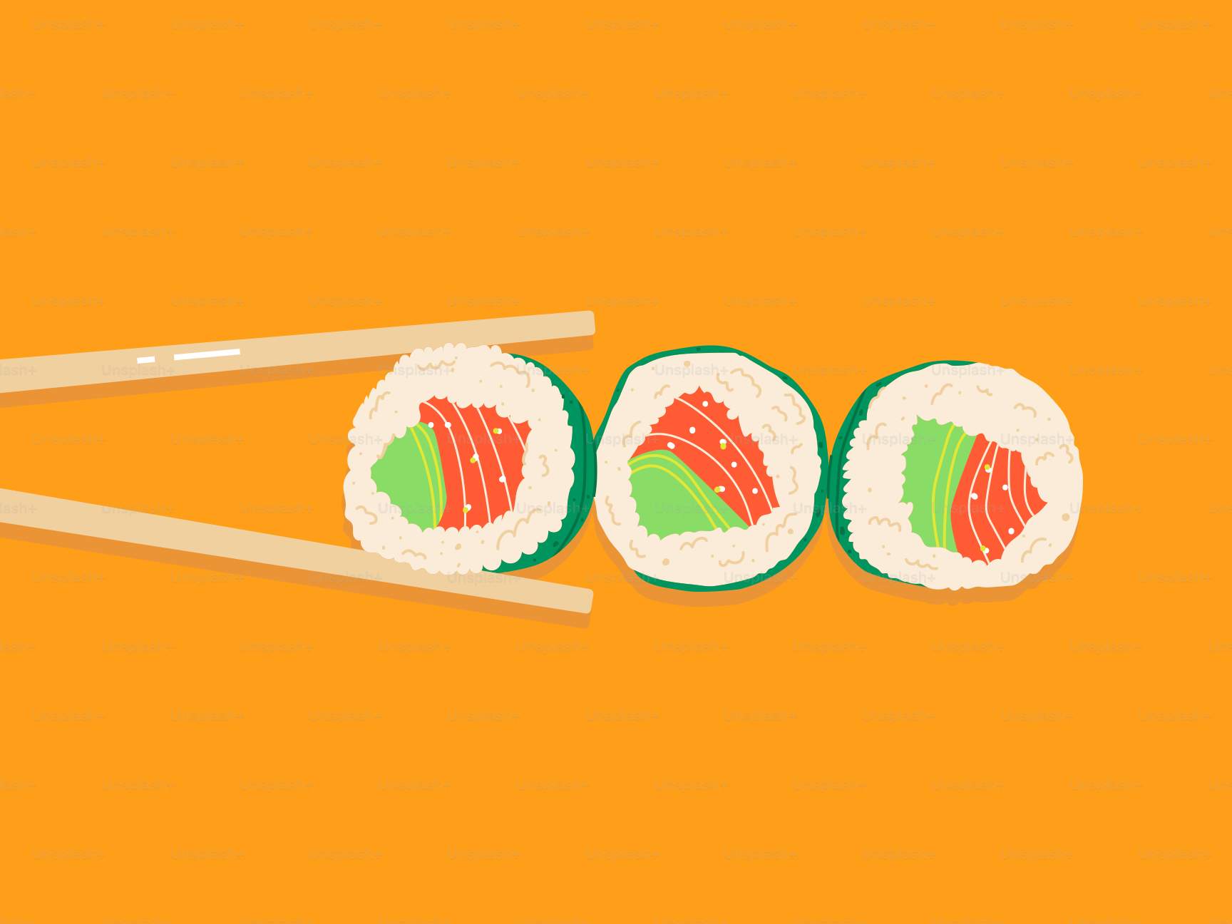 Sushi with chopsticks on an orange background